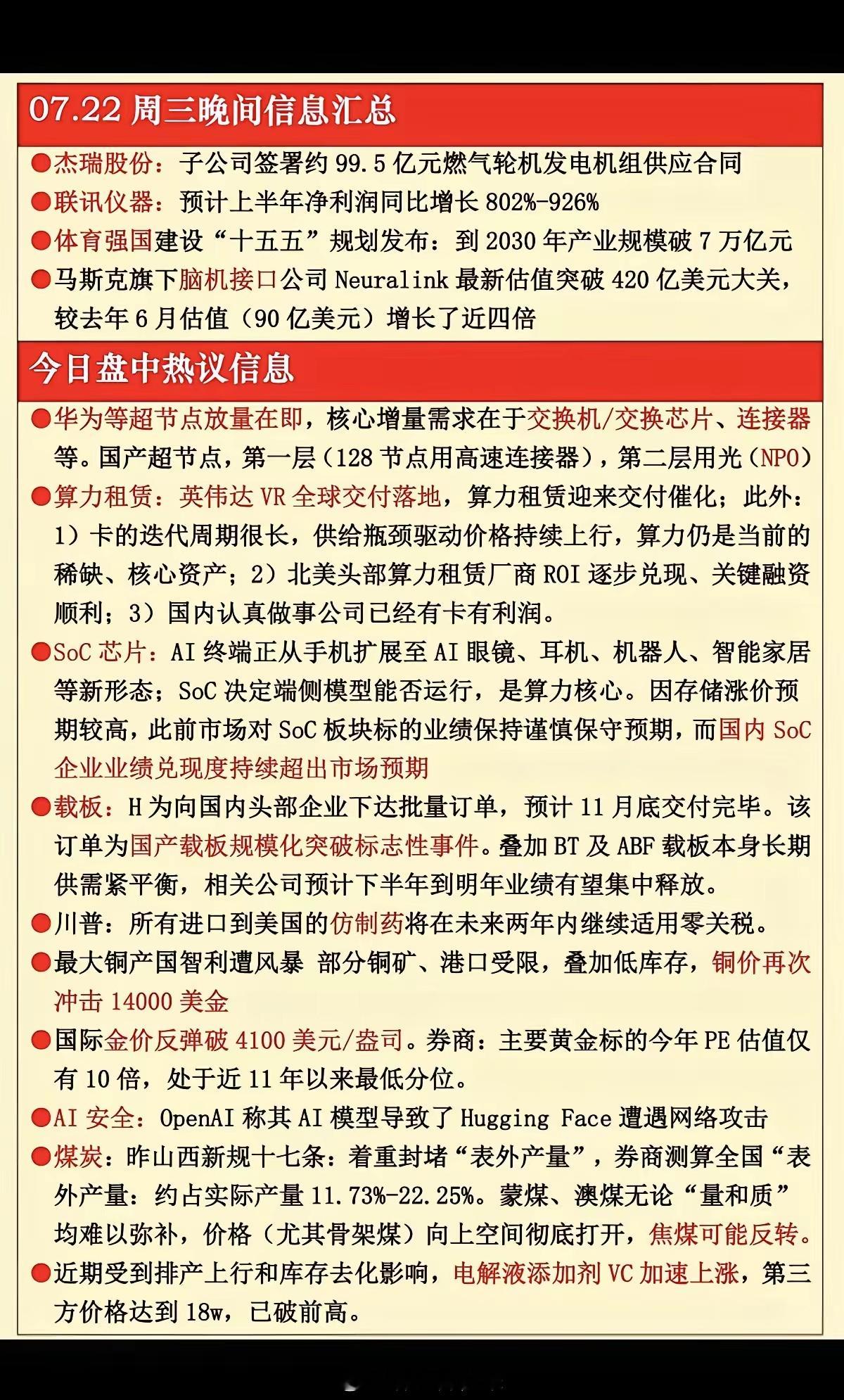 7.22周三  晚间：财经热点信息汇总！1.脑机接口2.华为超节点3.算力租赁4