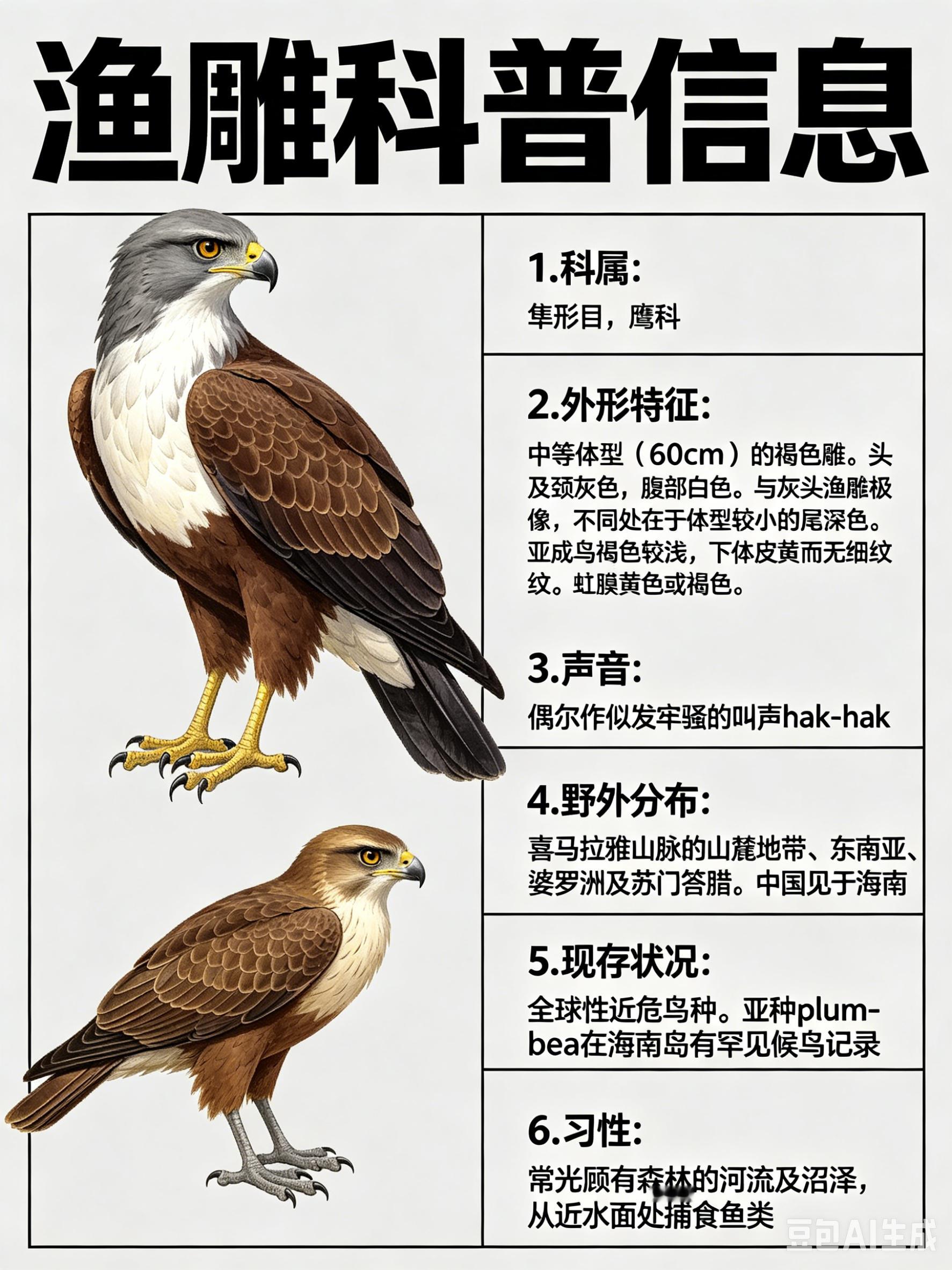 鸟类朋友图鉴 渔雕·科属：隼形目，鹰科。·外形特征：中等体型（60cm）的褐色雕