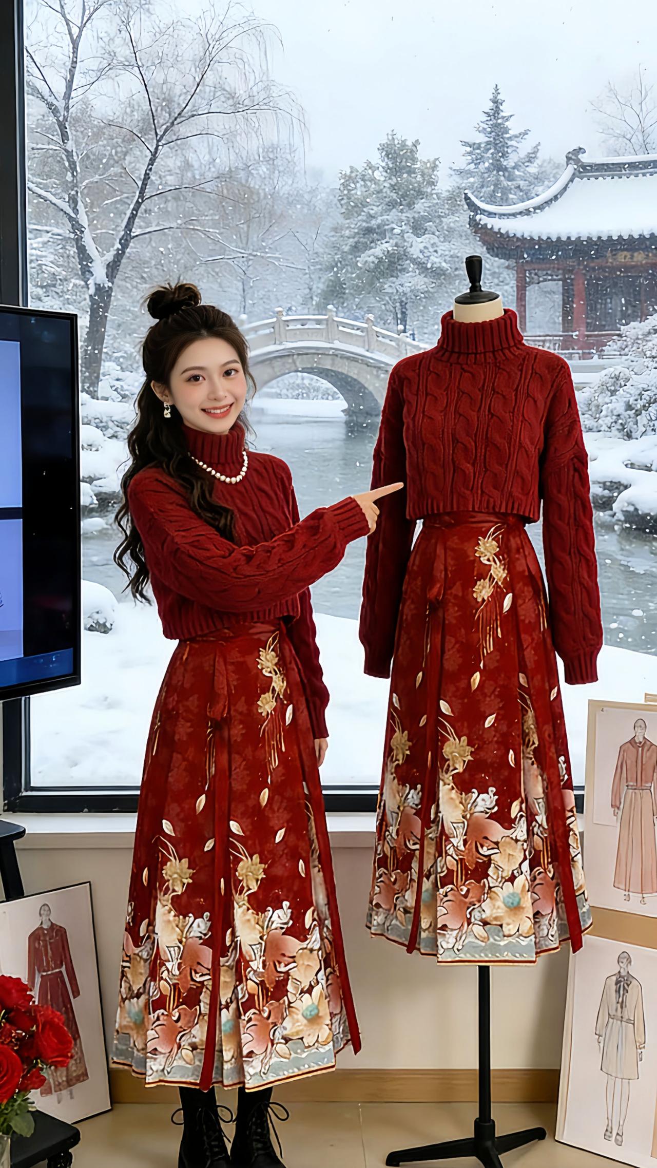 冬日雪园里的Danny，裹着红麻花高领毛衣走在石板路上，印花马面裙的裙摆随步伐轻