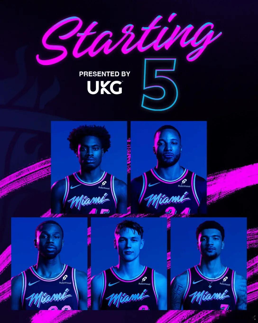 热火首发：小米切尔、鲍威尔、拉尔松、维金斯、韦尔。这套阵容薪资加起来不到七千万篮