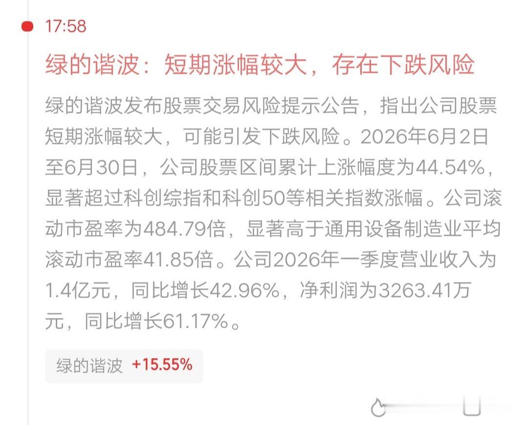A股最有良心的公司诞生了，它就是绿的谐波，为什么这么说呢？公司发布了风险提示公告
