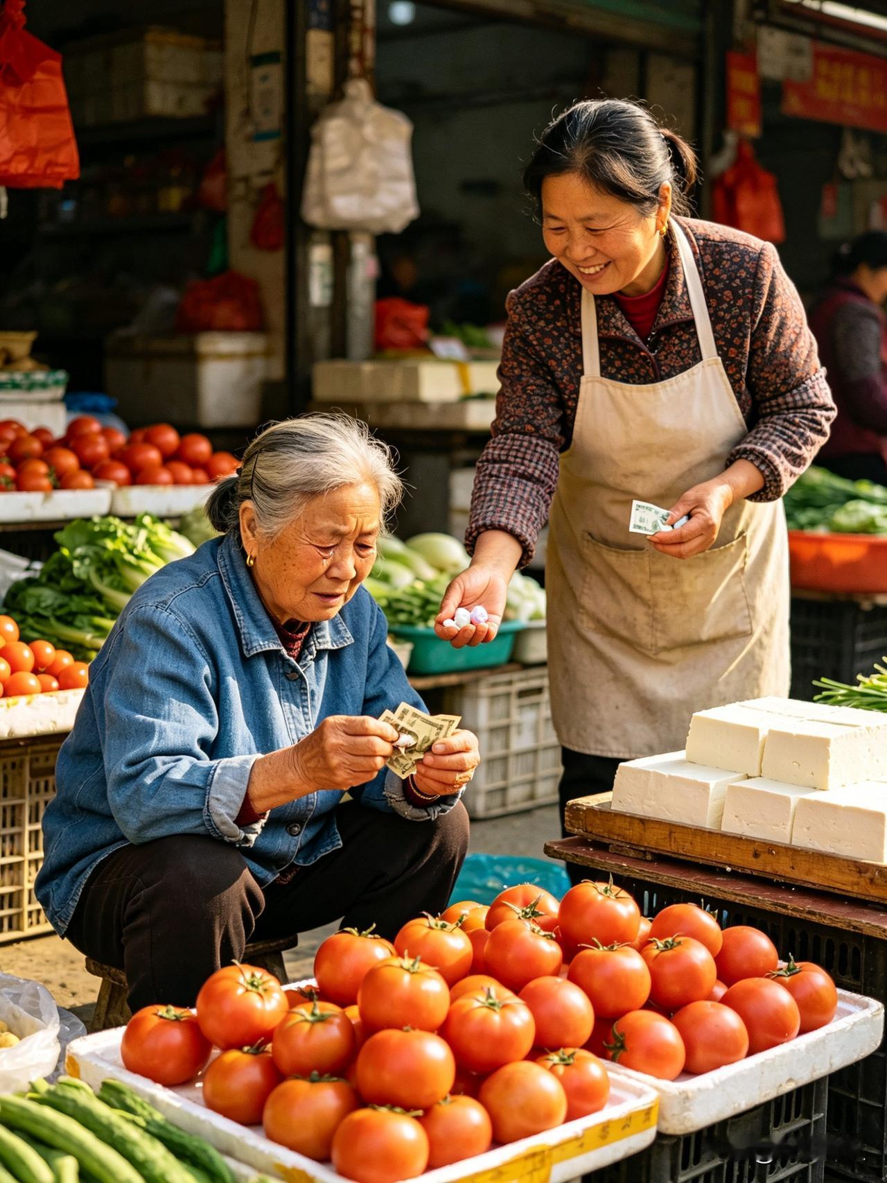 菜市场中，一位老奶奶小心翼翼地数着零钱买番茄，发现还差五毛钱，她满脸不好意思地放