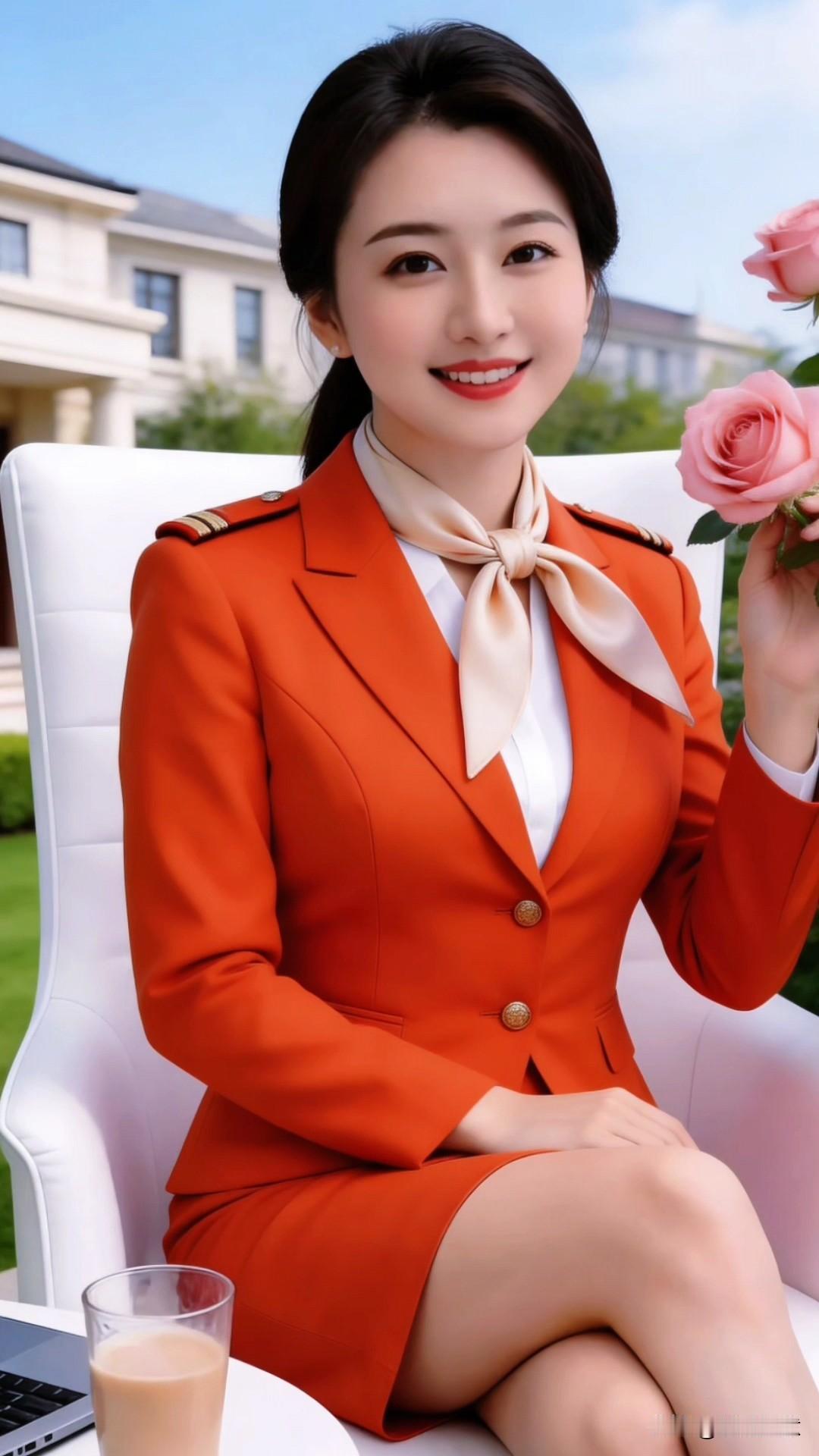 今天换上了新制服，解锁满满空姐感✨
这套亮眼的橙红色制服太戳我了！挺括的剪裁衬得