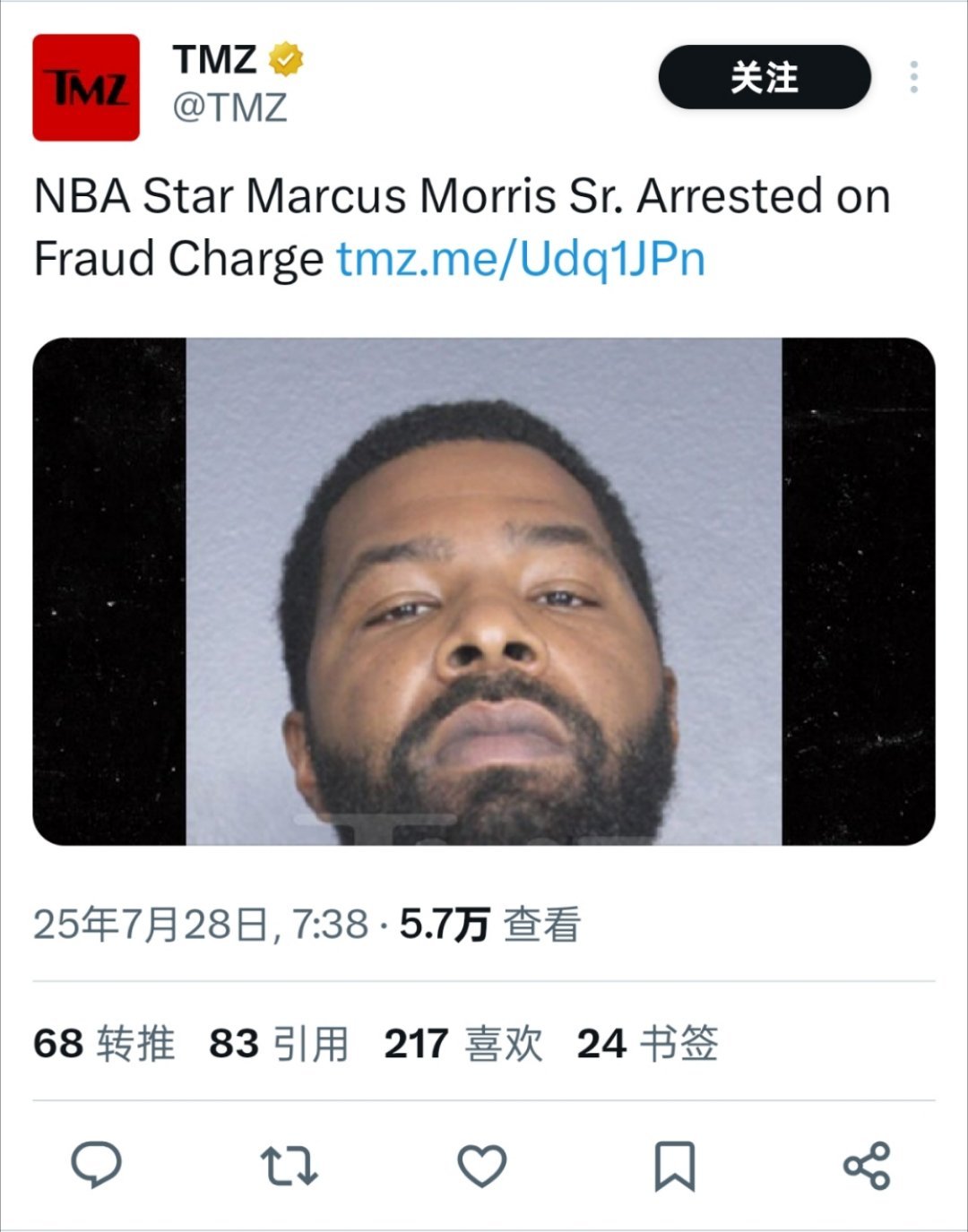 TMZ:马库斯-莫里斯在佛罗里达因诈骗指控而被警方逮捕 ​​​