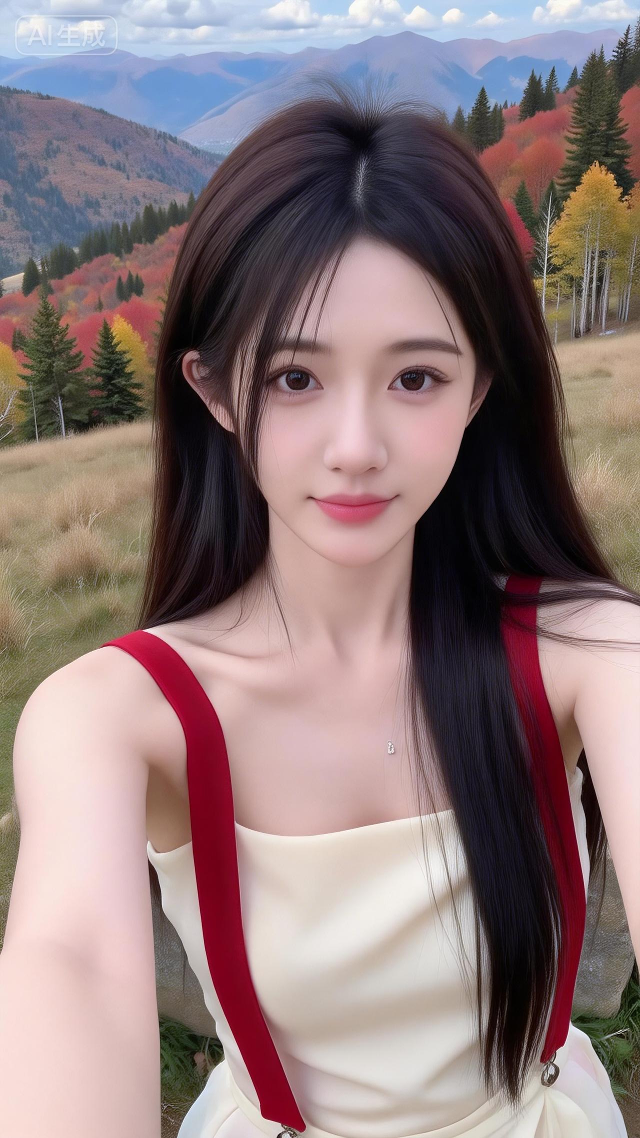 秋山背景里的氛围感甜妹
 
奶黄裙配酒红肩带，撞色刚好戳中审美~薄纱裙摆衬得身形