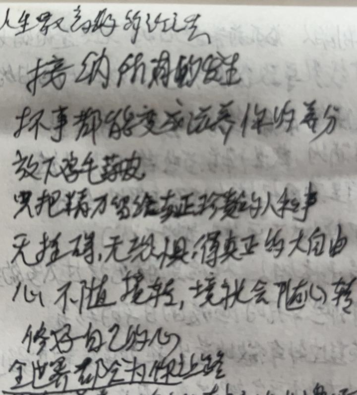 写下来记忆深的一句话；
人到中年最高级的活法，
就是接纳所有的发生，
坏事都能变