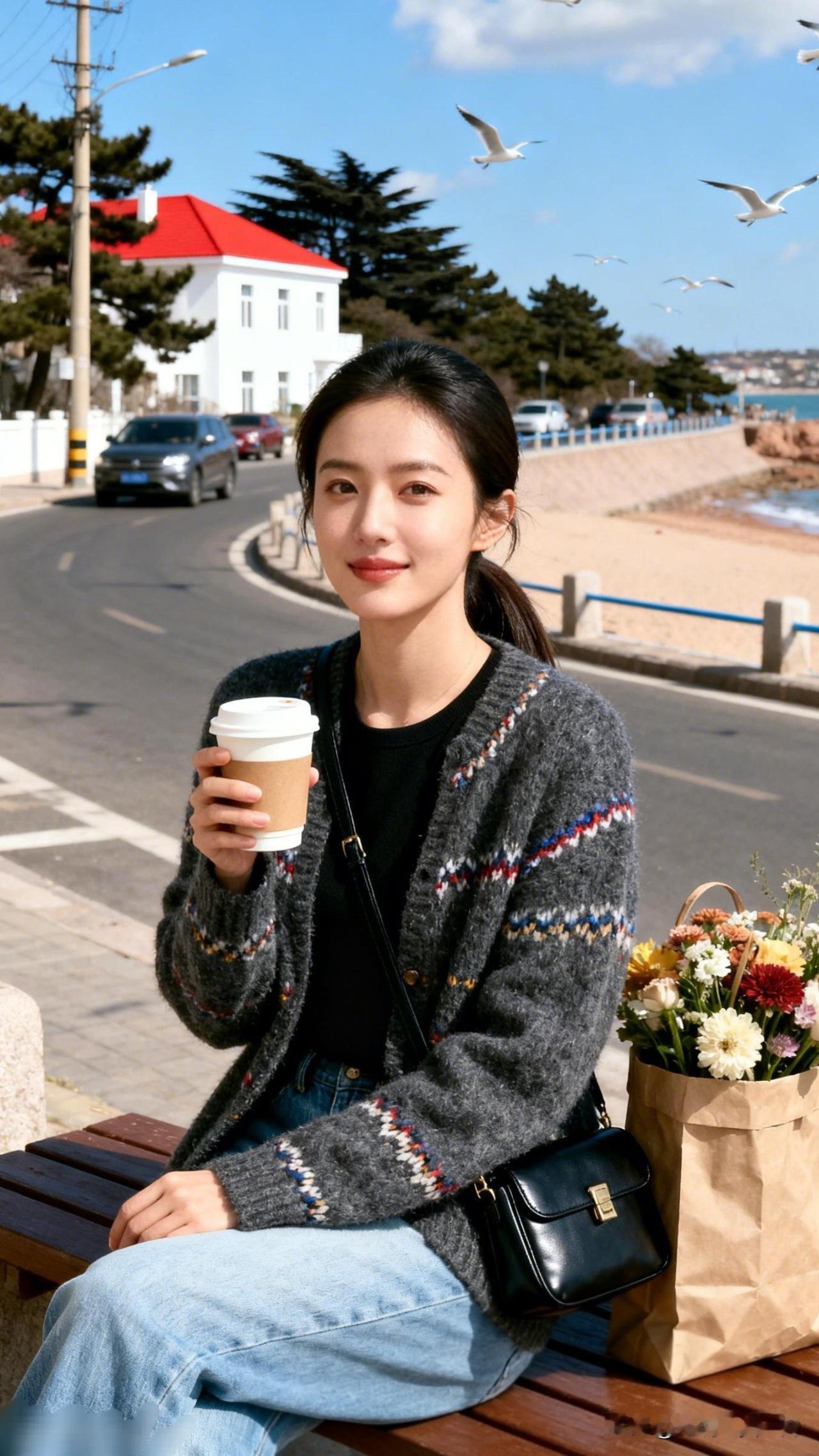 海风吹拂，花影摇曳。旅游生活随手拍 海边漫步，手捧咖啡，享受美好时光🌊☕️🌸