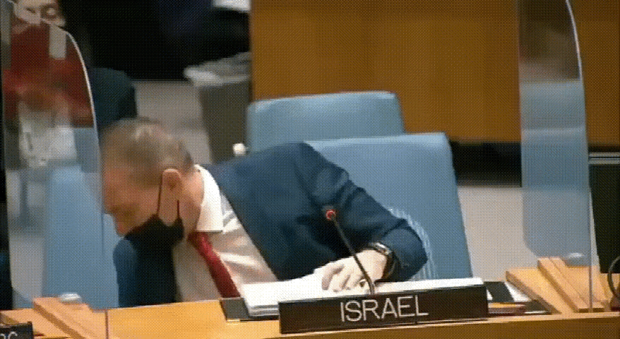 以色列常驻联合国代表“埃尔丹”又出神言论，他手举一枚砖头发言说：“你想知道为什么