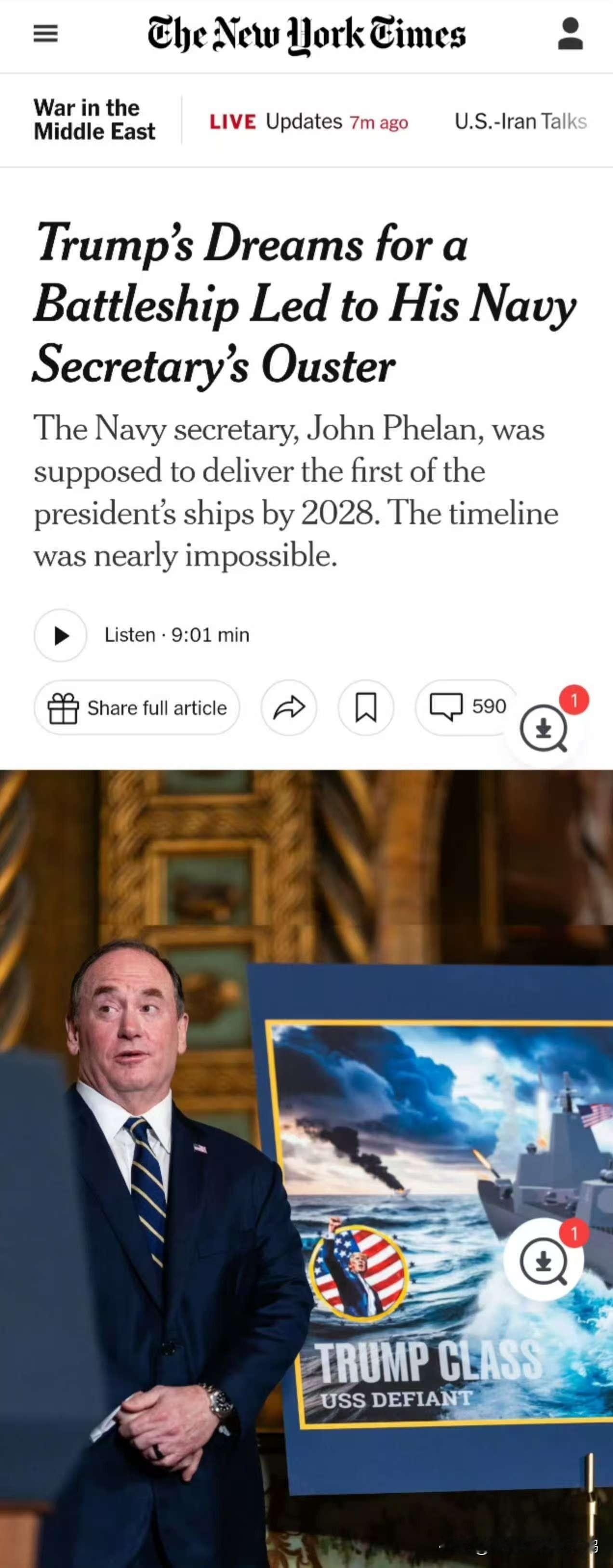 《纽约时报》：海军部长被解雇，竟是因筹办赢宗大王级战列舰不力 

特朗普竟然想让