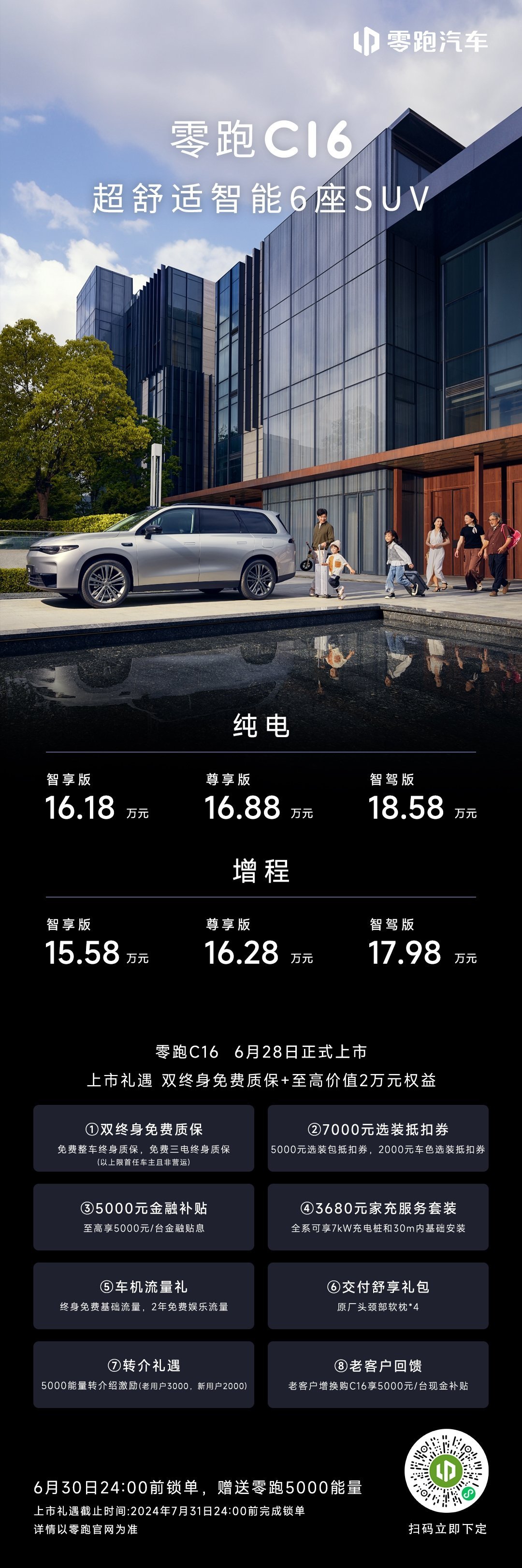 零跑旗下首款中大型SUV——零跑C16正式上市。C16拥有纯电与增程两种动力形式