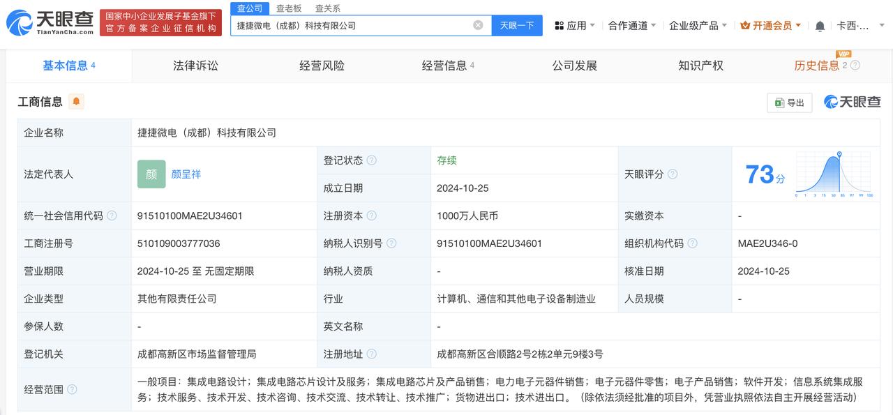 #捷捷微电等在成都成立科技公司#注册资本1000万
天眼查App显示，近日，捷捷