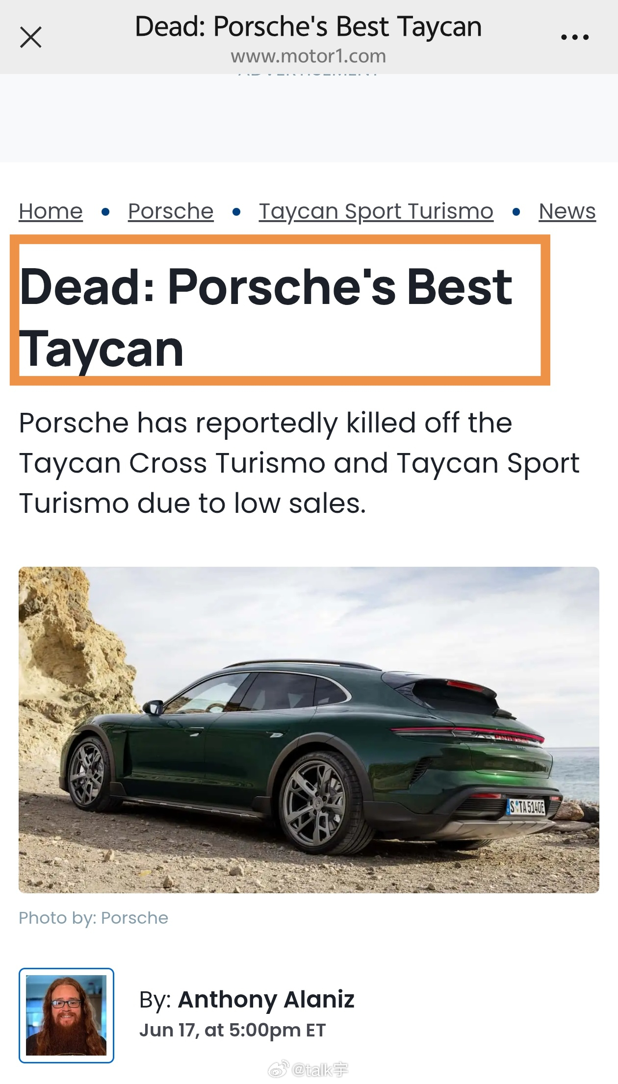 根据Motor1的报道，由于销量不佳，保时捷即将停产Taycan Sport T