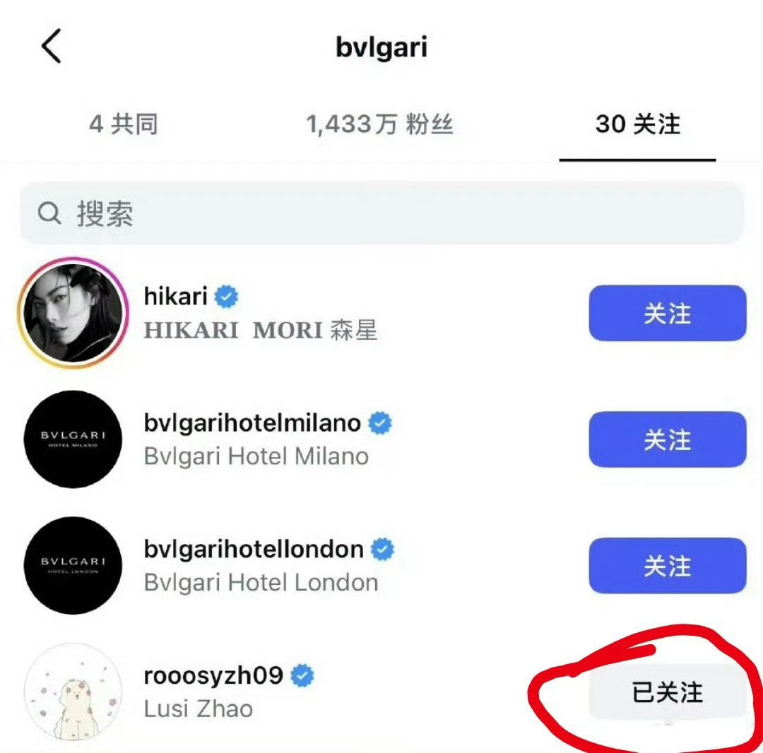 继宝格丽关注工作室后，宝格丽ins也关注了赵露思，现在宝格丽副总裁不停回顾赵露思