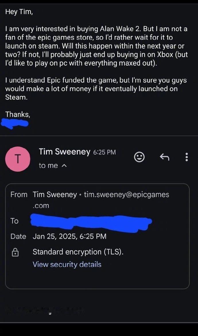 【 心灵杀手2不会上线Steam 】Epic首席执行官Tim Sweeney回复