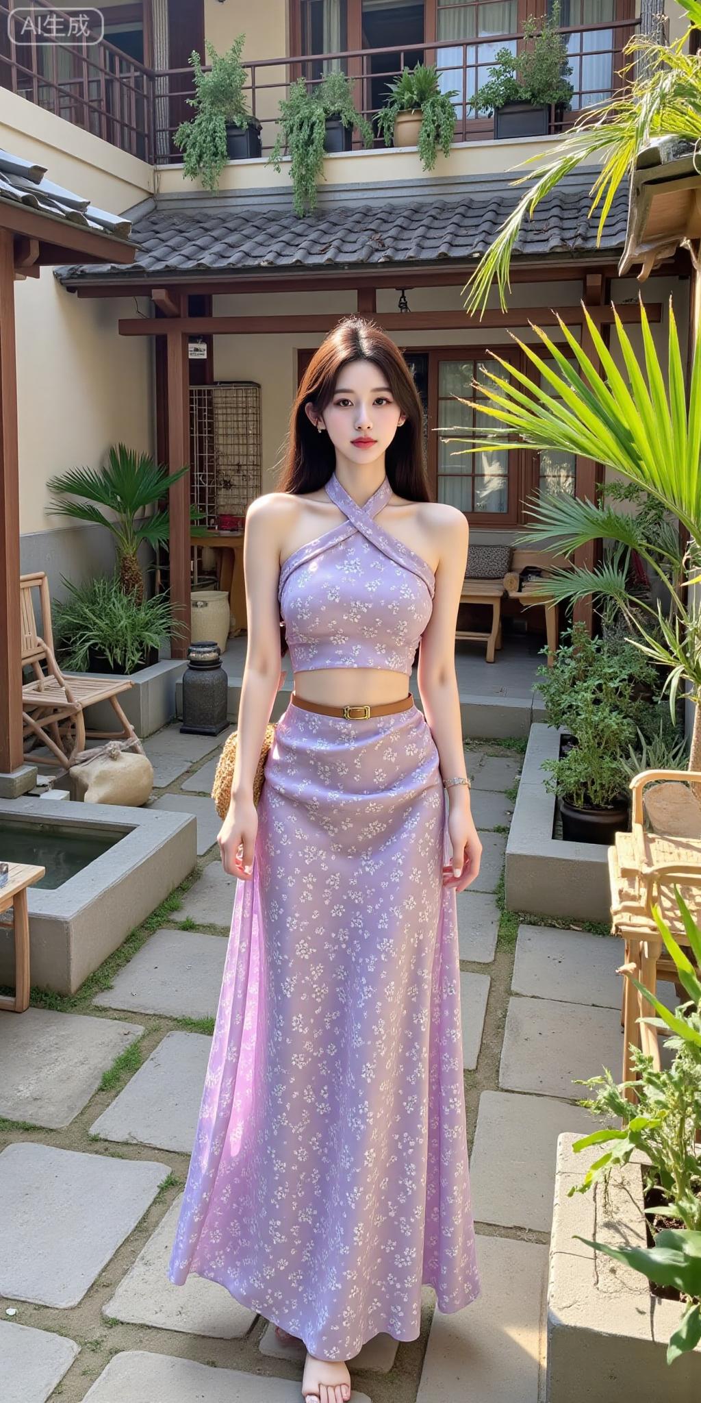 庭院仙系甜妹，淡紫挂脖套装，温柔纯欲氛围感拉满紫色挂脖裙 淡紫色吊带裙 淡紫吊带