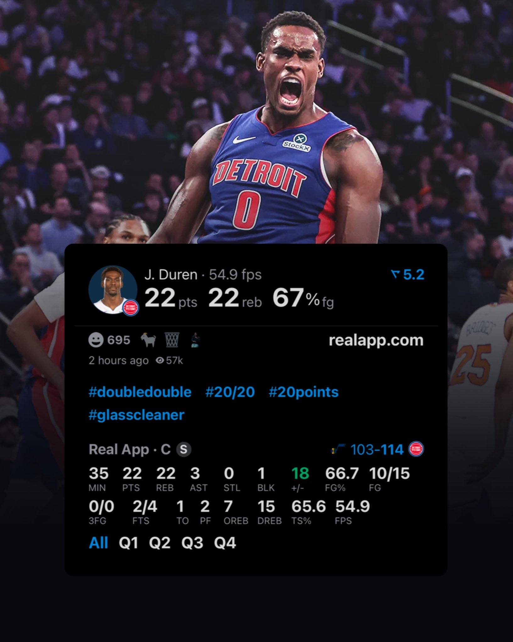 活塞战胜爵士，中锋杰伦·杜伦22分22篮板3助攻1盖帽，7个进攻篮板。 ​​​