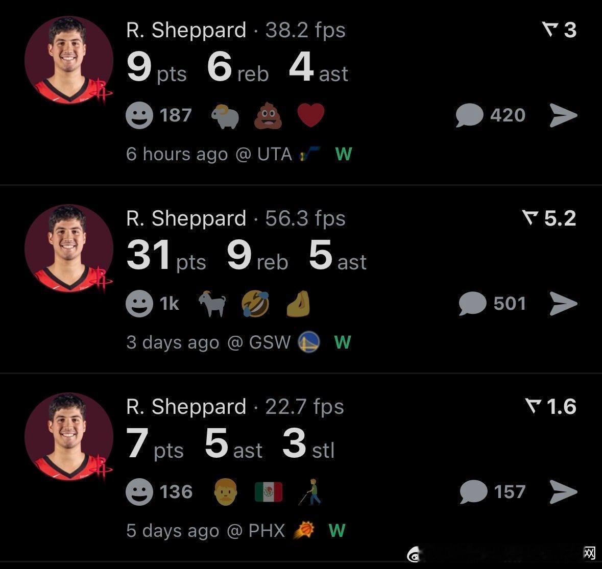 再看下谢泼德提上首发的三场比赛和最近13场比赛平均的数据变化…（后面数据是最近3