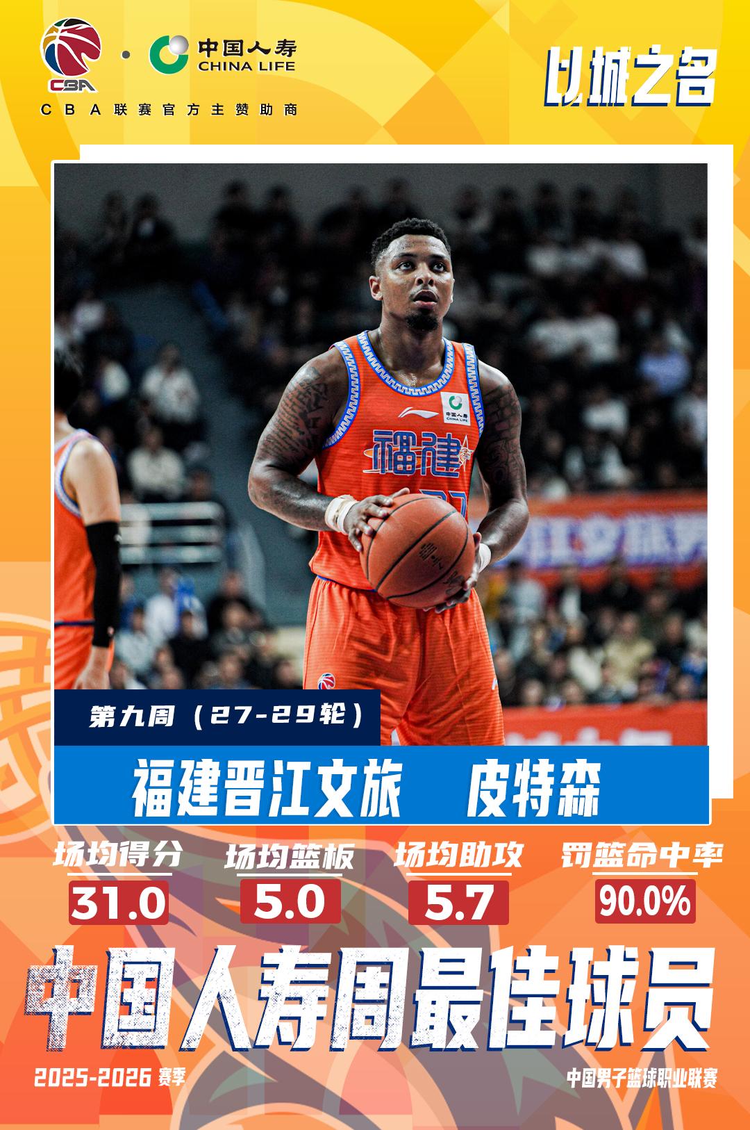 【皮特森当选2025-2026赛季CBA联赛常规赛第九周中国人寿周最佳球员】福建