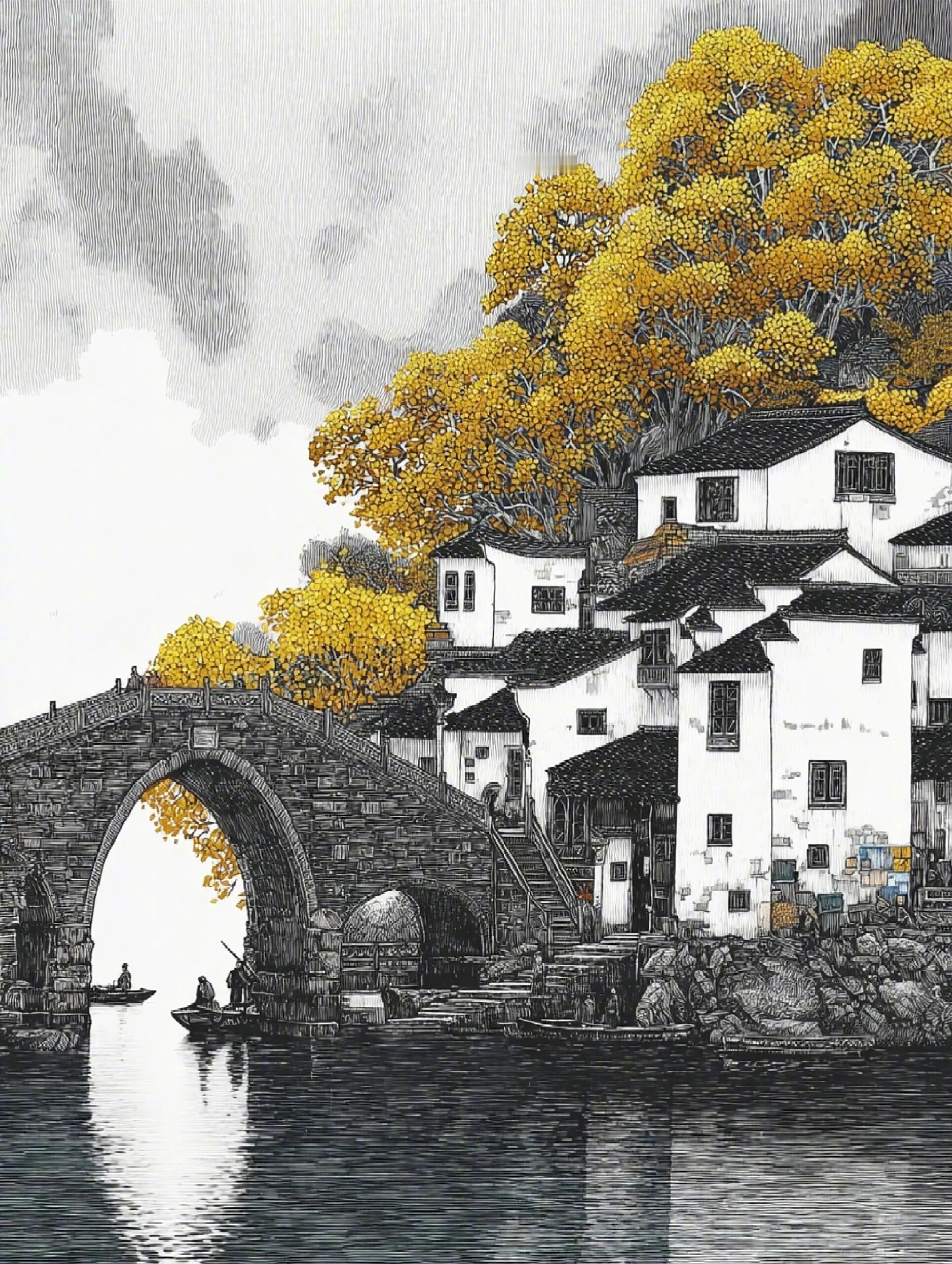 黄叶纷披，覆满石桥的倒影。舟是旧时舟，水是缠绵水。 