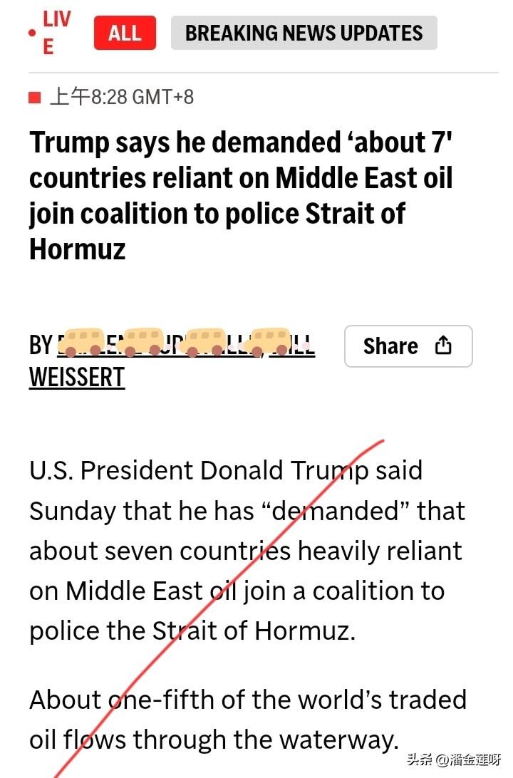川普希望英国、法国、日本，韩国以内的大约7个国家派出军舰来为霍尔木兹海峡内的商船