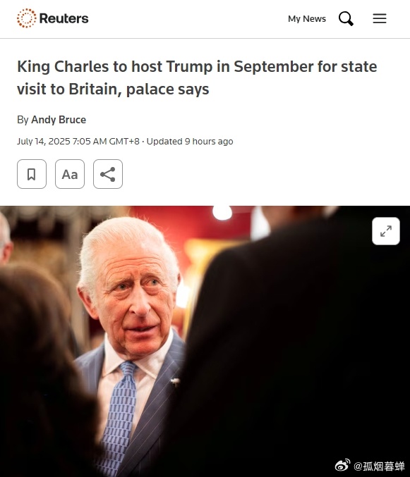英国白金汉宫14日表示，英国国王查尔斯将在9月接待特朗普，这是特朗普对英国进行的