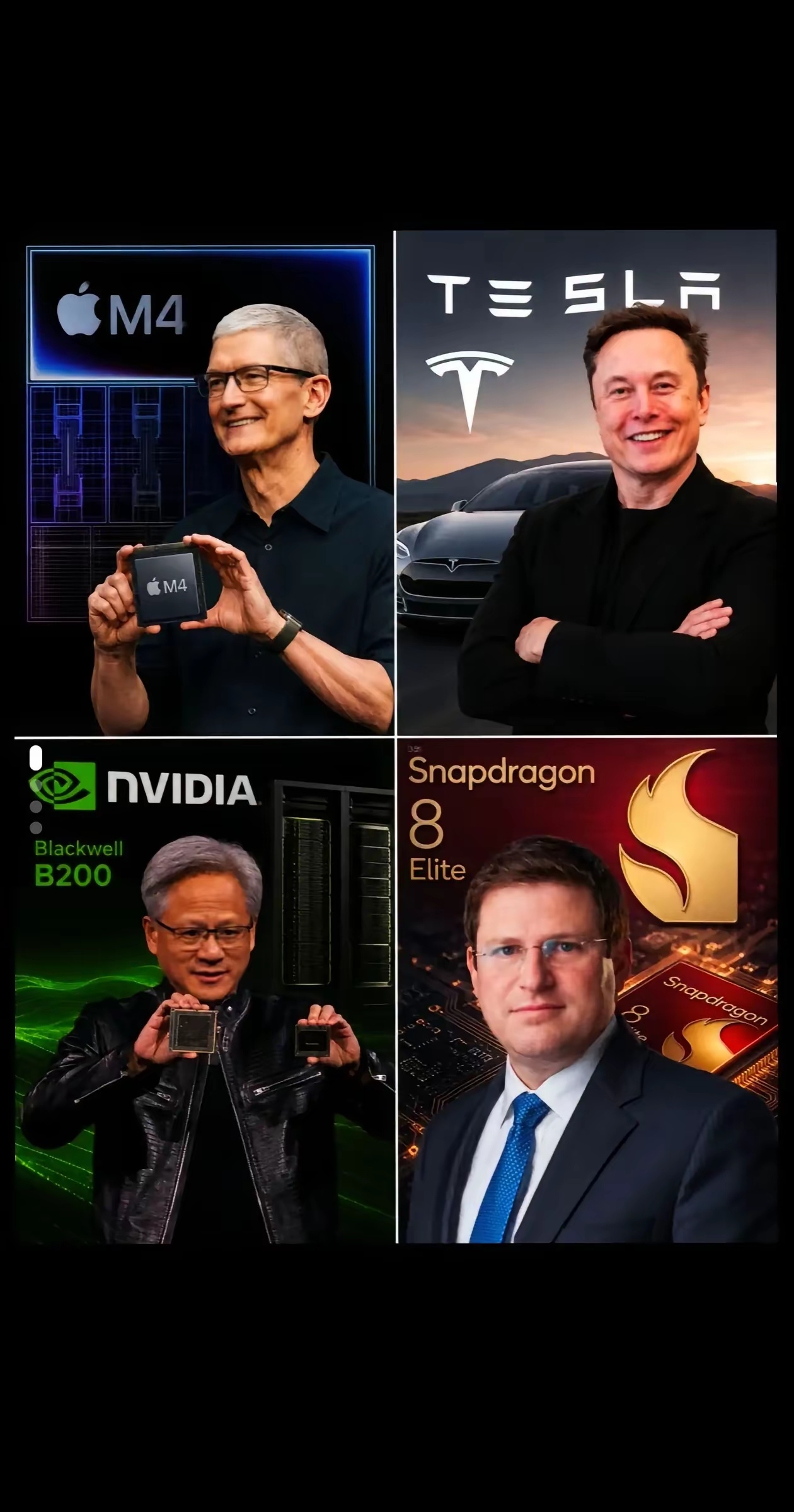 一个改变手机，一个改变汽车，一个统治AI，一个定义芯片未来。四位大佬坐一桌，全球