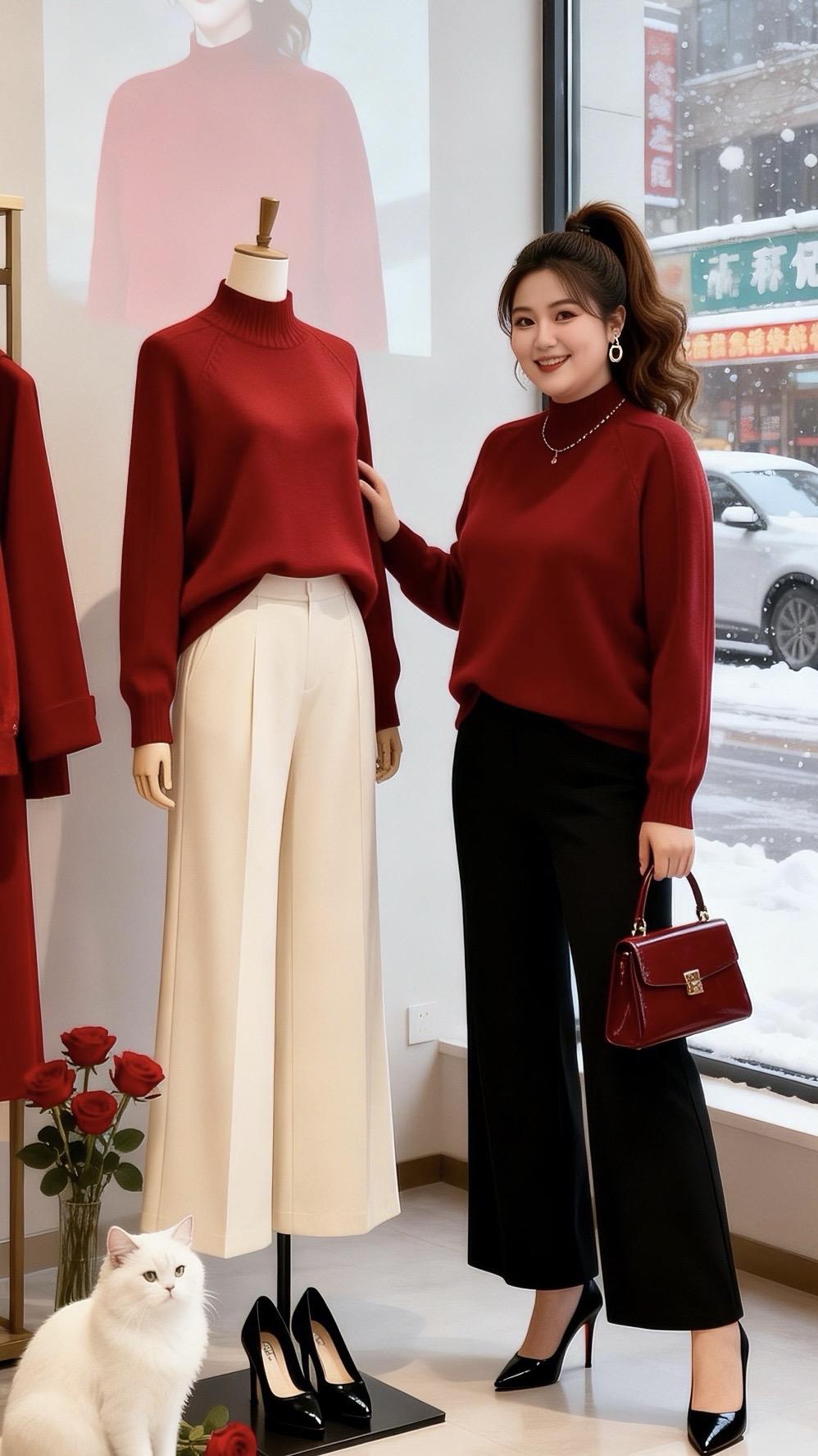 大码女装红色毛衣 新年装扮 冬日穿搭一周不重样 冬季内搭合集