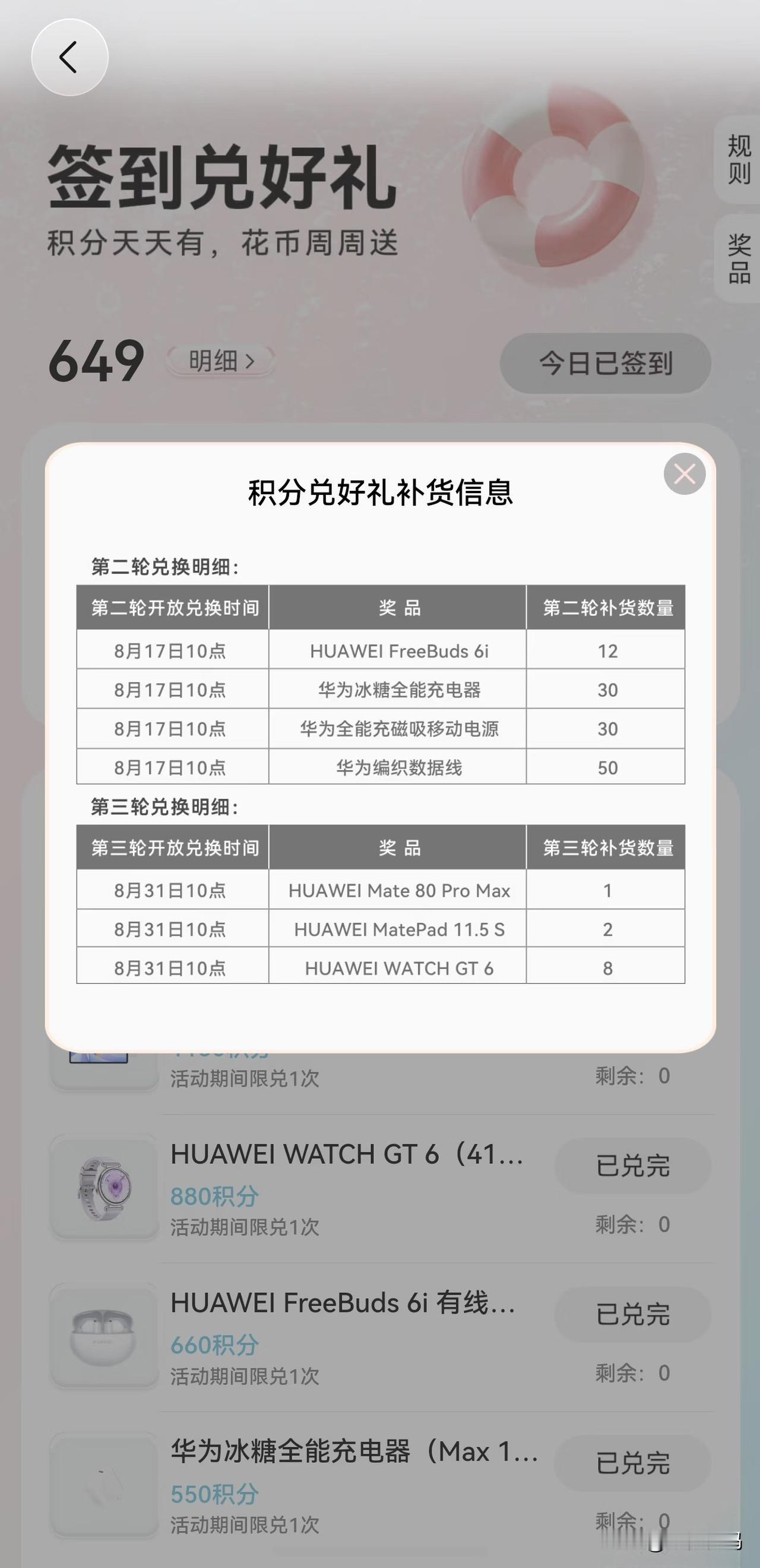 华为签到活动开始陆续补货了。根据华为游戏中心的最新消息发布，目前签到兑好礼活动“