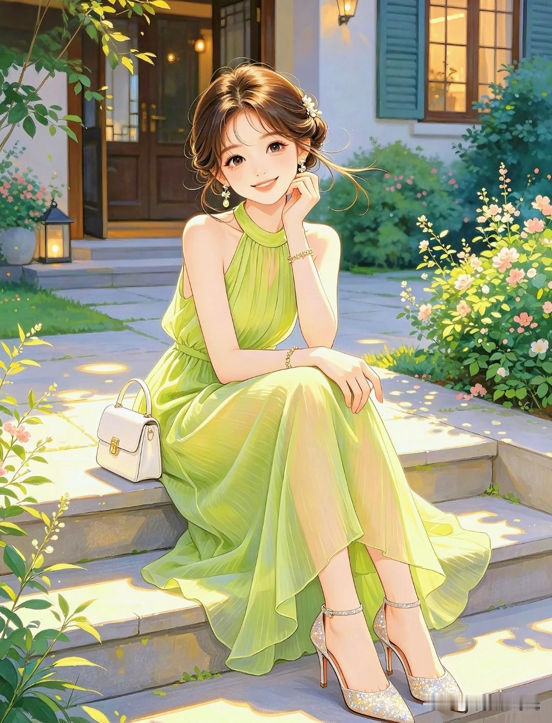 晚风庭院｜温柔氛围感
 
暮色漫过庭院，晚风裹挟着花香轻轻拂过。一身清新果绿长裙