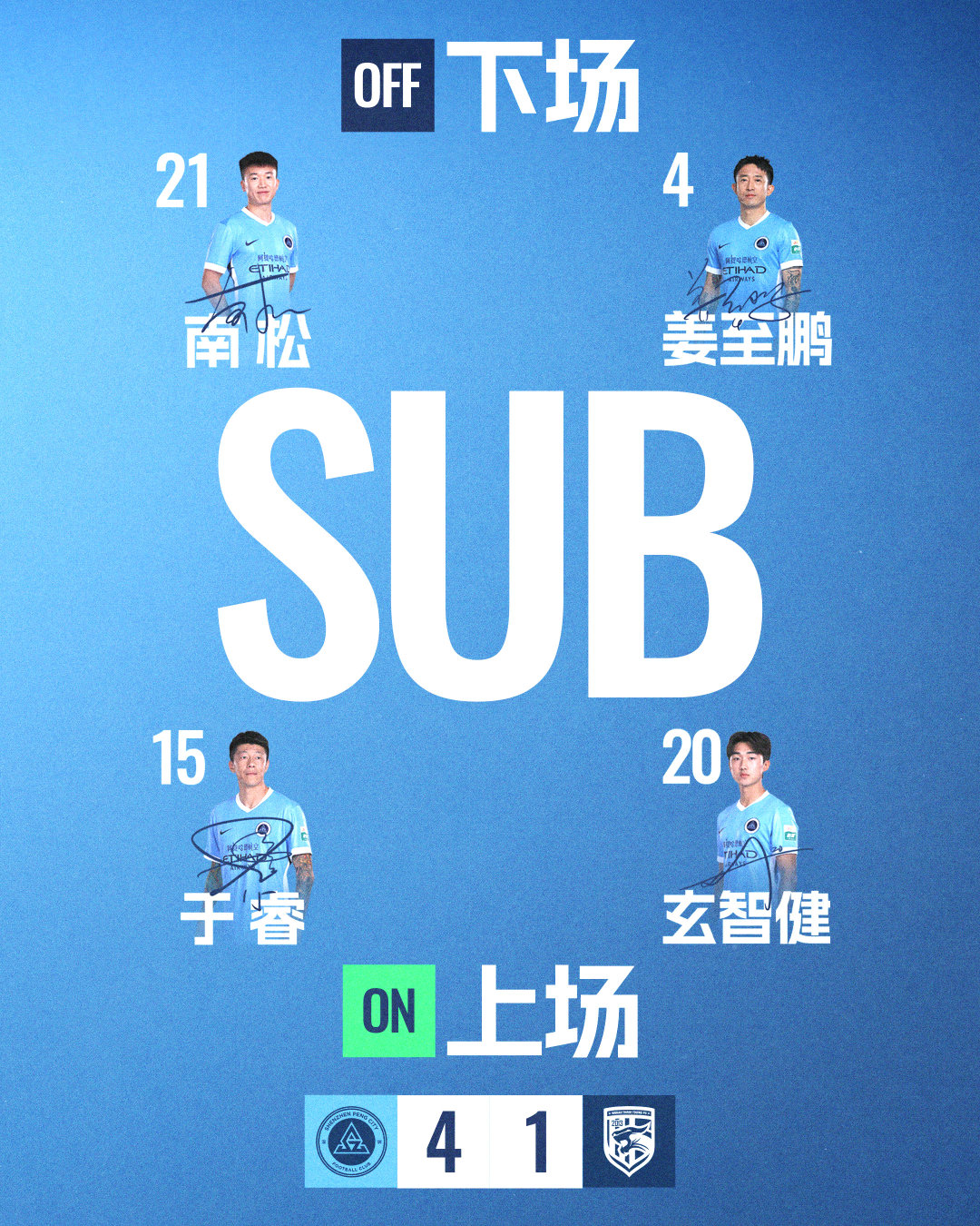 第73分钟，深圳新鹏城请求换人于睿登场 换下南松玄智健登场 换下姜至鹏深圳新鹏城