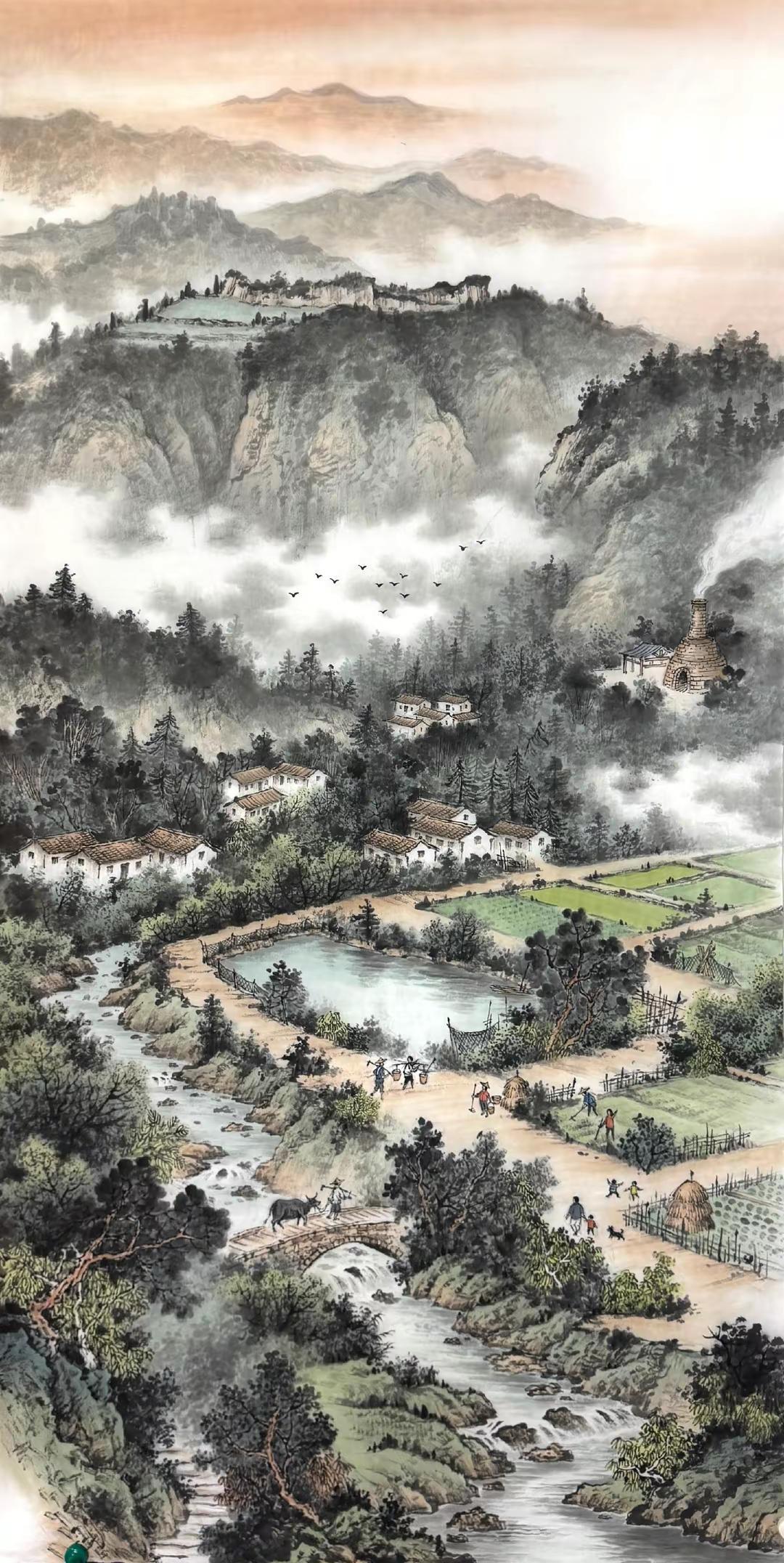 客户定制完成。四尺山水创作者中心 创作灵感 传统国画山水 山村水墨画