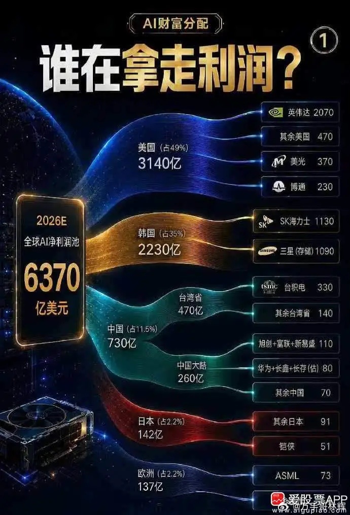 看到一个统计，2026年全球AI利润分配：总共6370亿美元，美国占49%、韩国