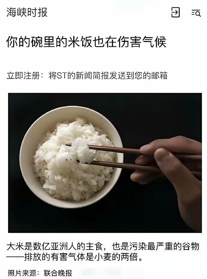 新加坡媒体：你的碗里的米饭也在伤害气候！
 
文章称水稻种植碳排放远超小麦，将亚