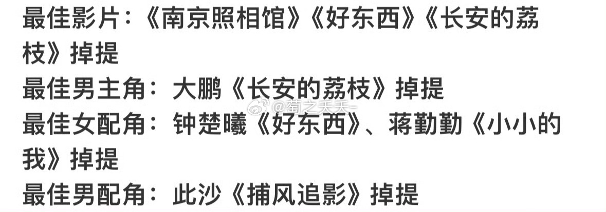 钟楚曦掉提百花奖最佳女配角官方出炉6人最终提名名单里，完全没有钟楚曦身影：王真儿