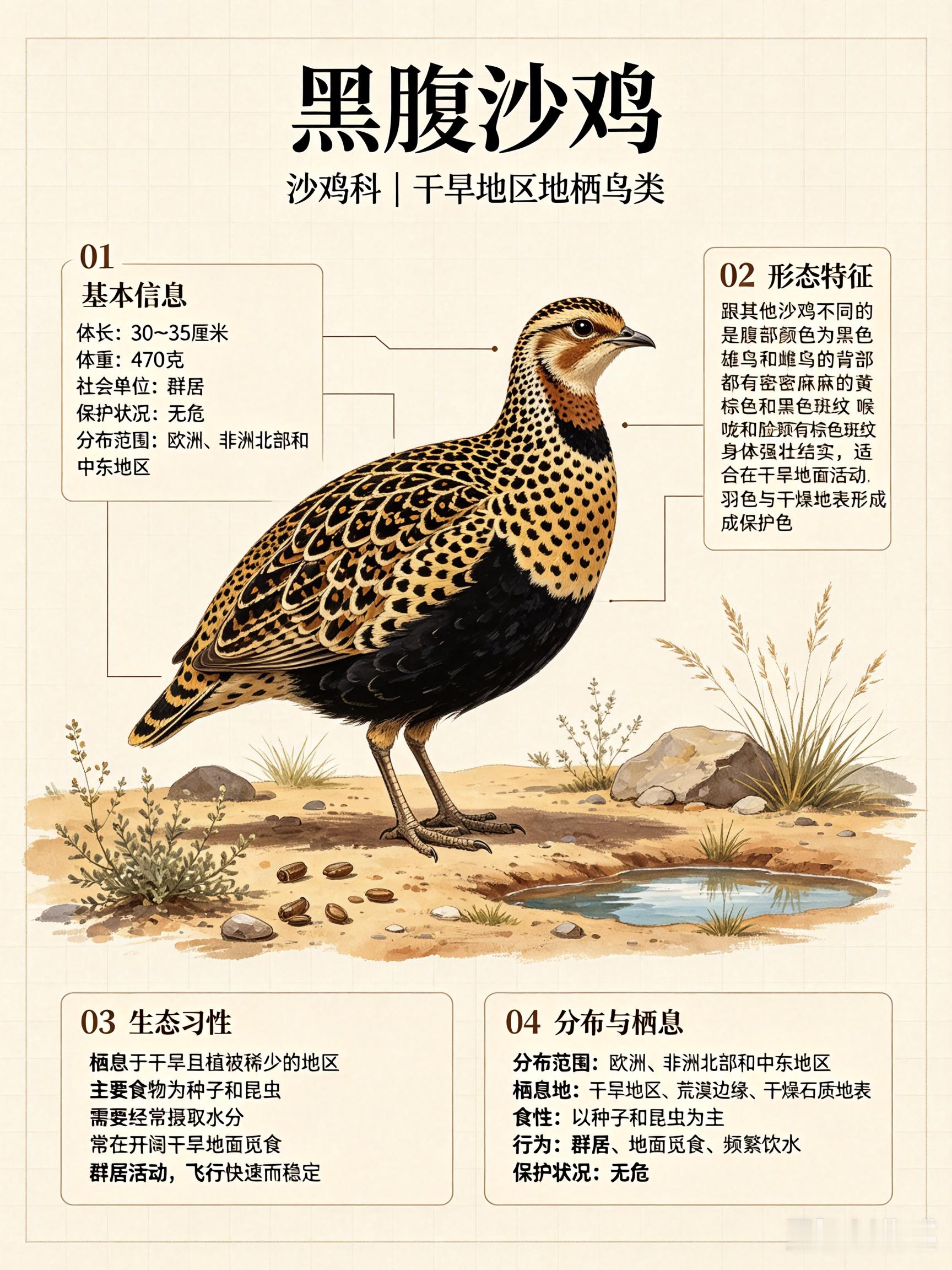 鸟类朋友图鉴 黑腹沙鸡体长：30~35 厘米体重：470 克社会单位：群居保护状