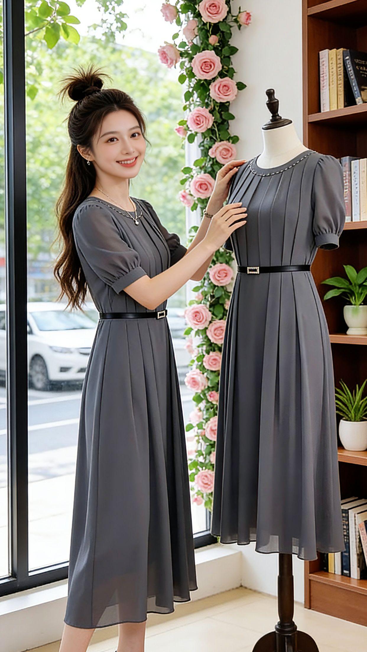 夏天的出行快乐，是这条气质灰裙给的。精致领口细节搭配收腰A字版型，附赠的腰带刚好