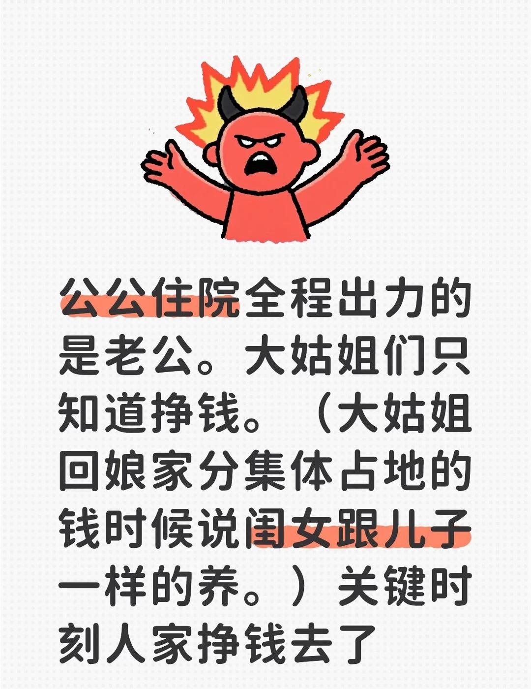 公公住院全程出力的是老公。大姑姐们只知道挣钱。（大姑姐回娘家分集体占地的钱时候说