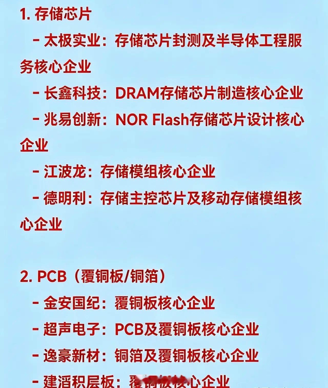 本周十大核心赛道及核心企业全景汇总（9.12）1. 存储芯片   - 太极实业：