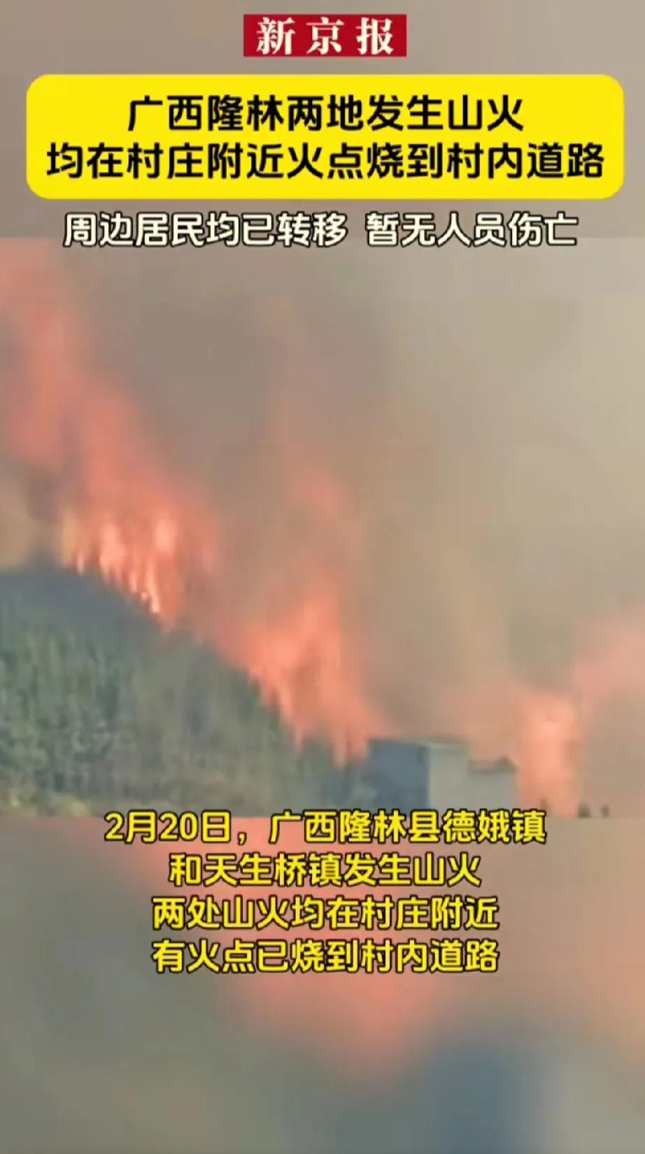 2月20日，广西隆林县德娥镇
和天生桥镇发生山火两处山火均在村庄附近有火点已烧到