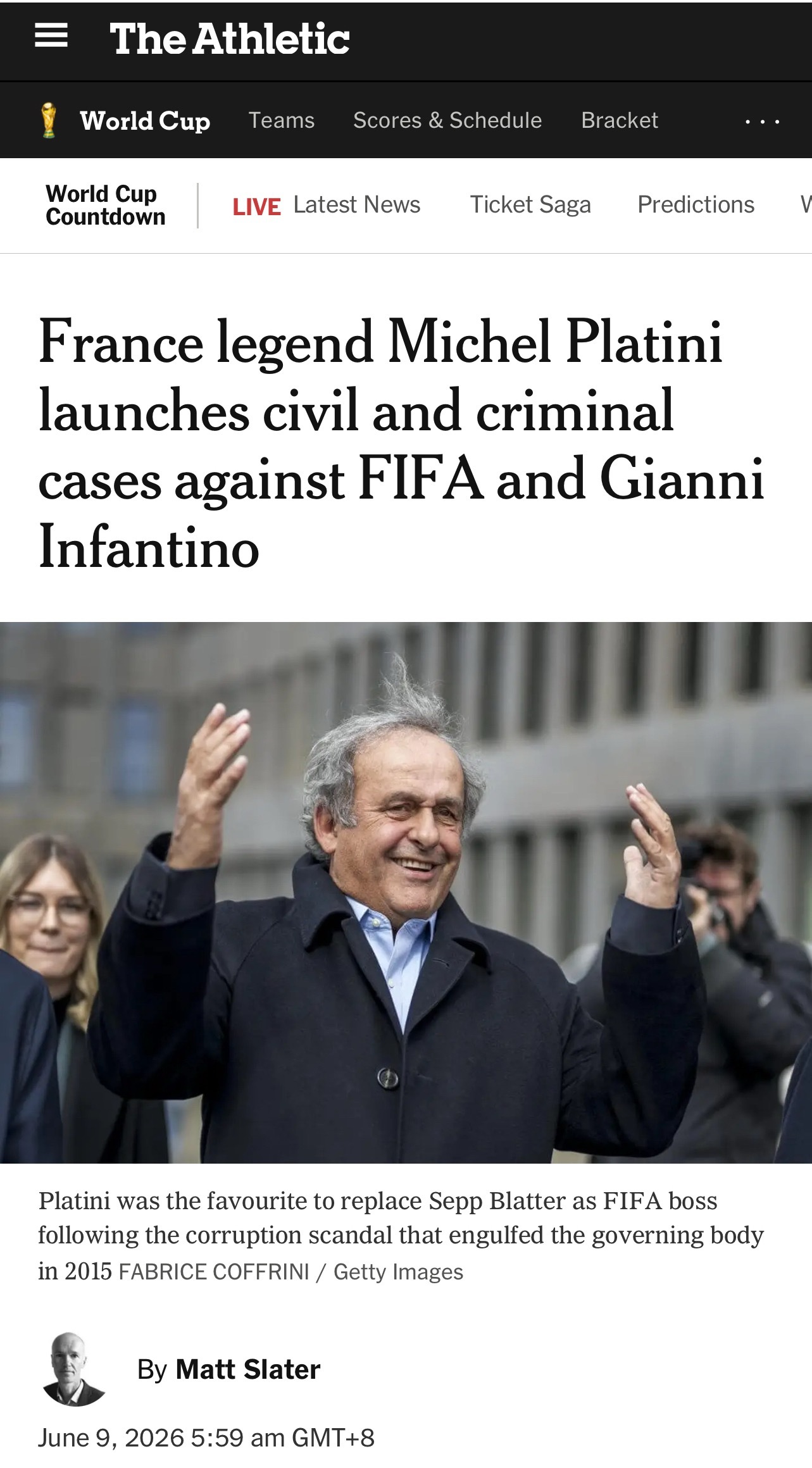【普拉蒂尼起诉FIFA与因凡蒂诺】前欧足联主席米歇尔·普拉蒂尼近日在法国对国际足