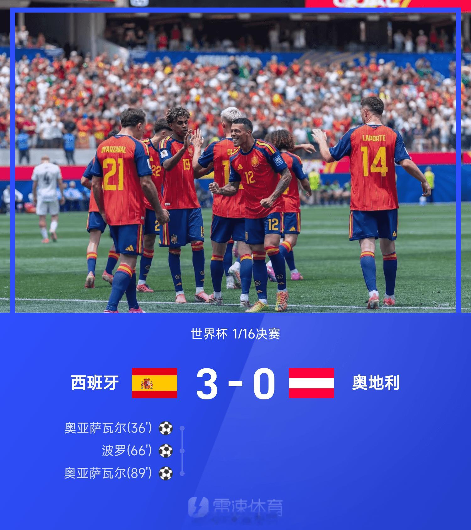 07月03日讯 26赛季世界杯1/16决赛，西班牙3-0战胜奥地利。上半场，库库