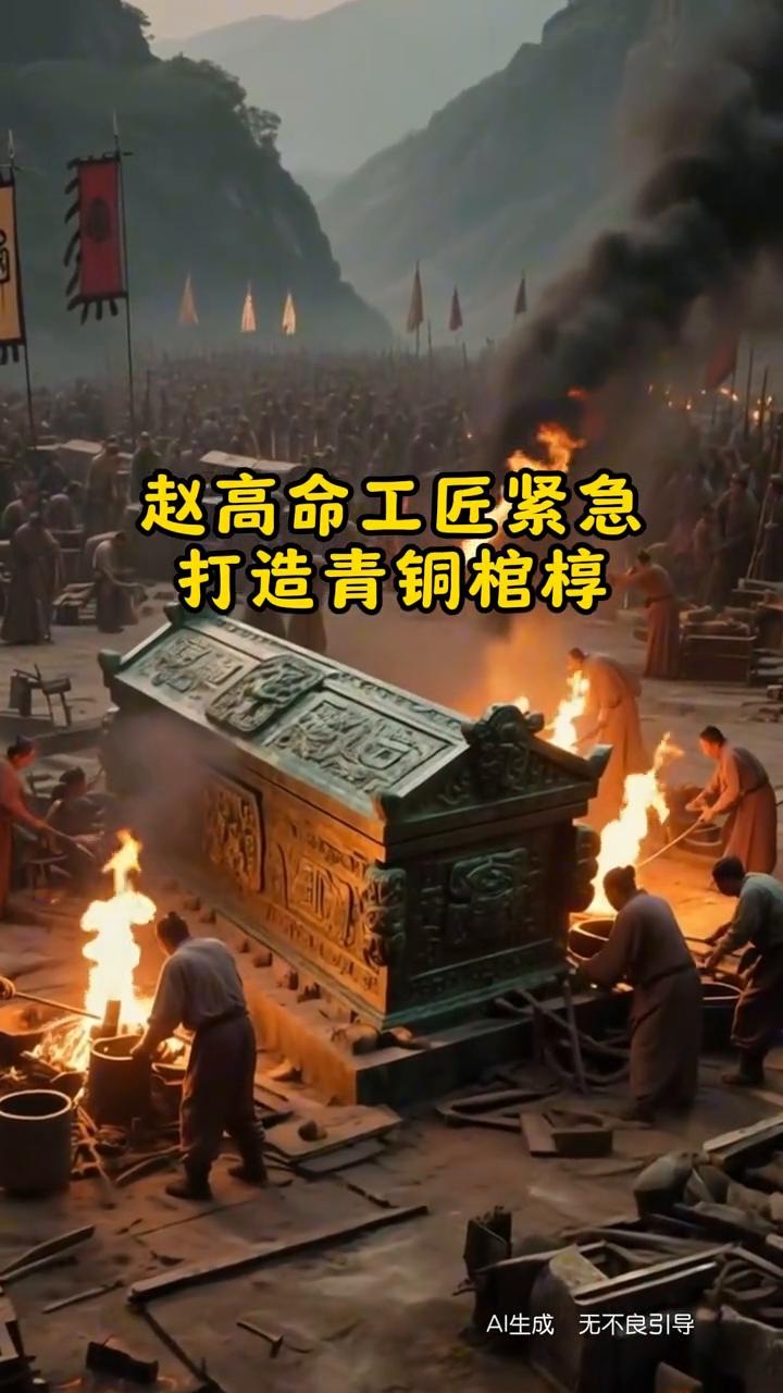 秦始皇驾崩于沙丘，身体散发臭味，用海鲜掩盖。赵高命工匠紧急打造青铜棺椁，棺椁被紧