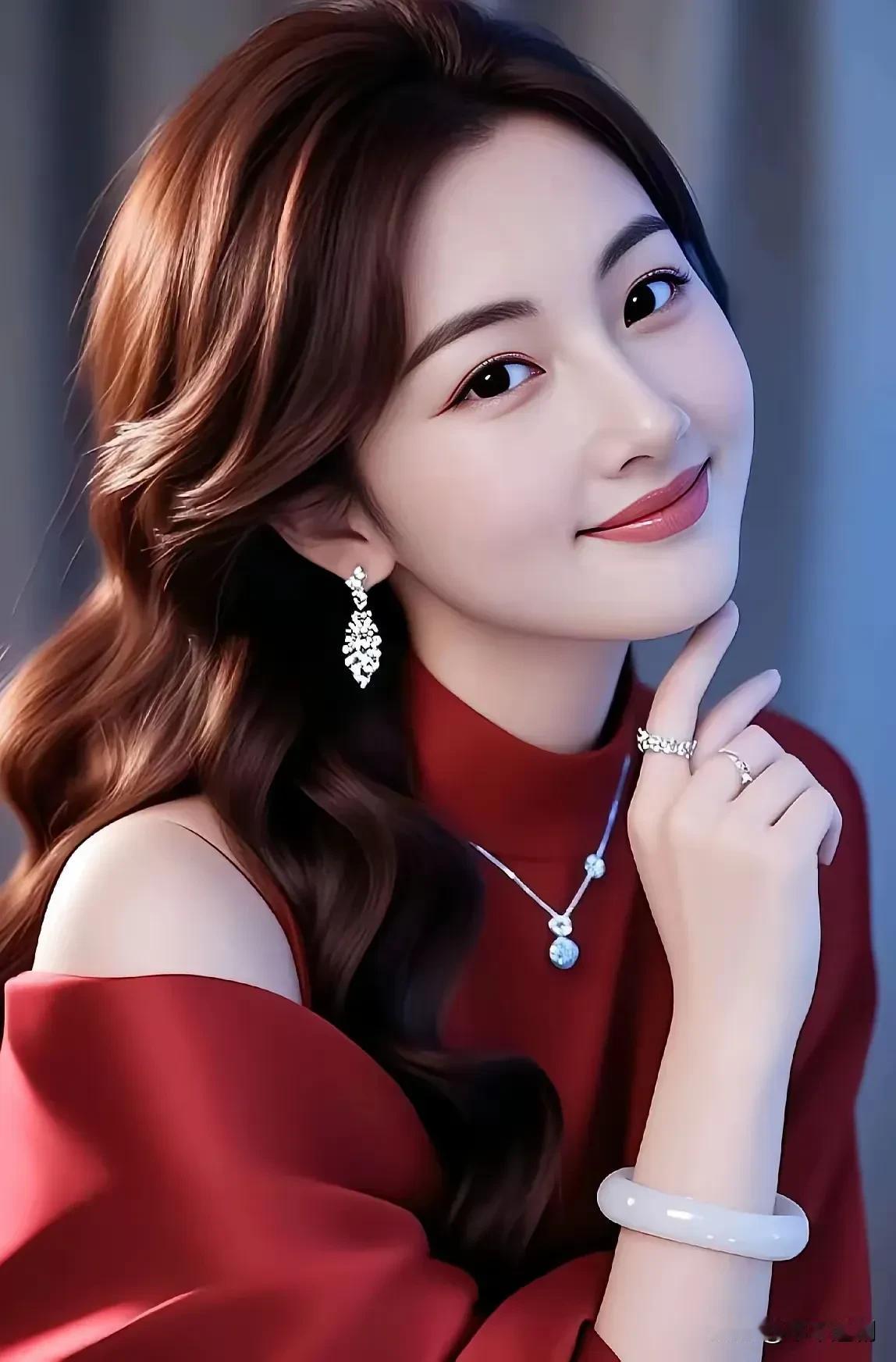 红裙露肩设计衬得肩颈线条愈发优雅，钻饰与玉镯相映成趣，暖棕卷发裹着清甜笑意，抬眼