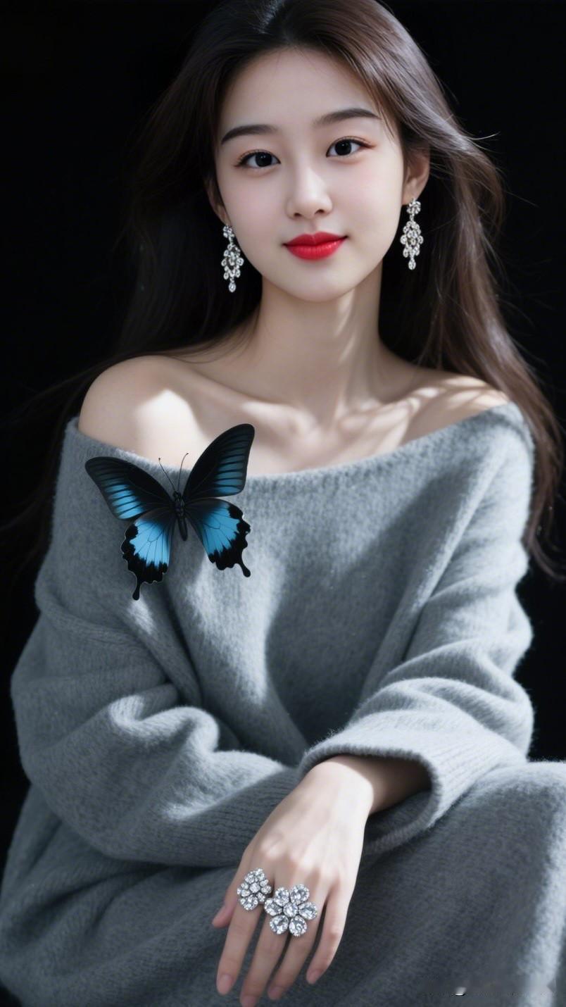 蝴蝶翩翩舞，美人笑语声。你心中的美女啥模样 优雅灰毛衣搭配闪亮耳环，蝴蝶点缀，美