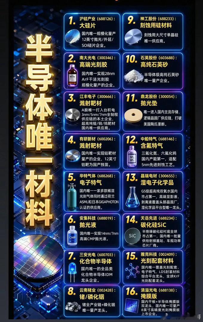 国产半导体16家“唯一性”龙头盘点！每一家都掌握不可替代核心壁垒？海外设备材料长