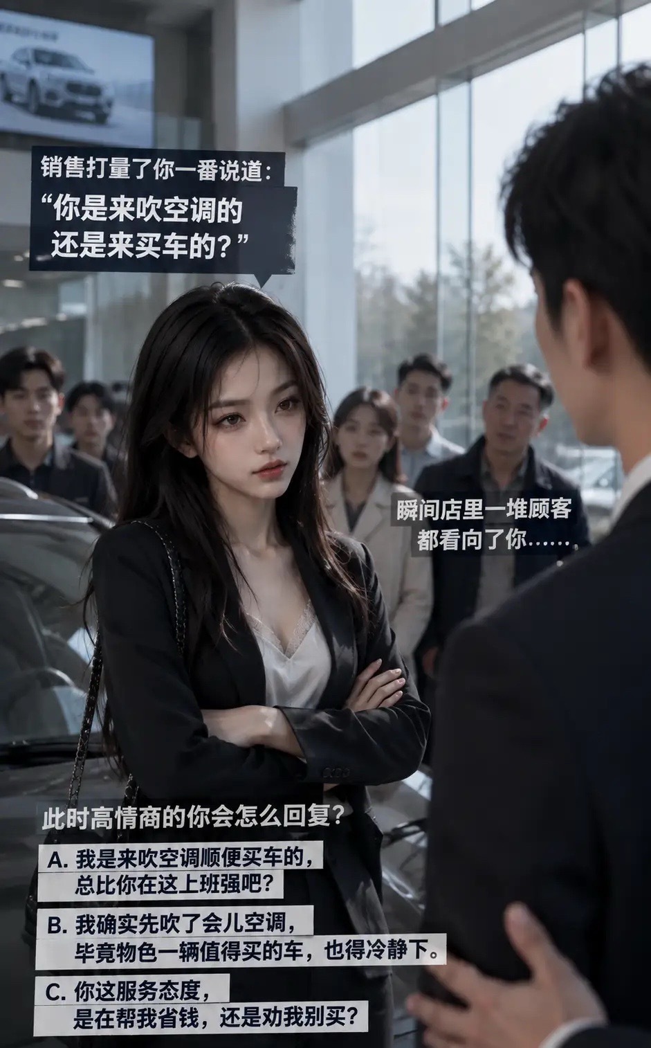 假如短剧名场面照进现实：你到 4S 店看车，销售打量你一番开口：“你是来吹空调的