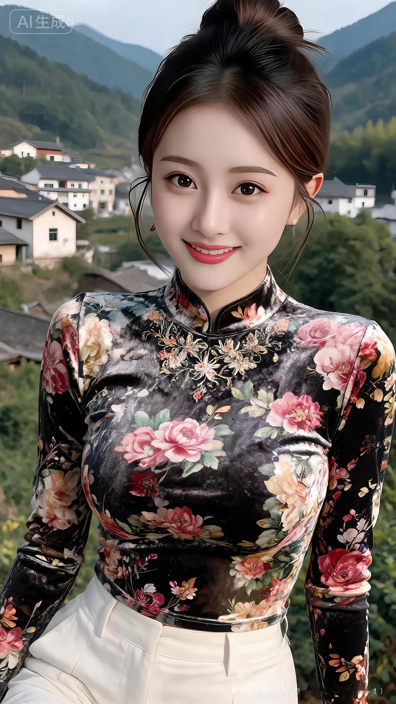 穿着花旗袍的姑娘在山间微笑。