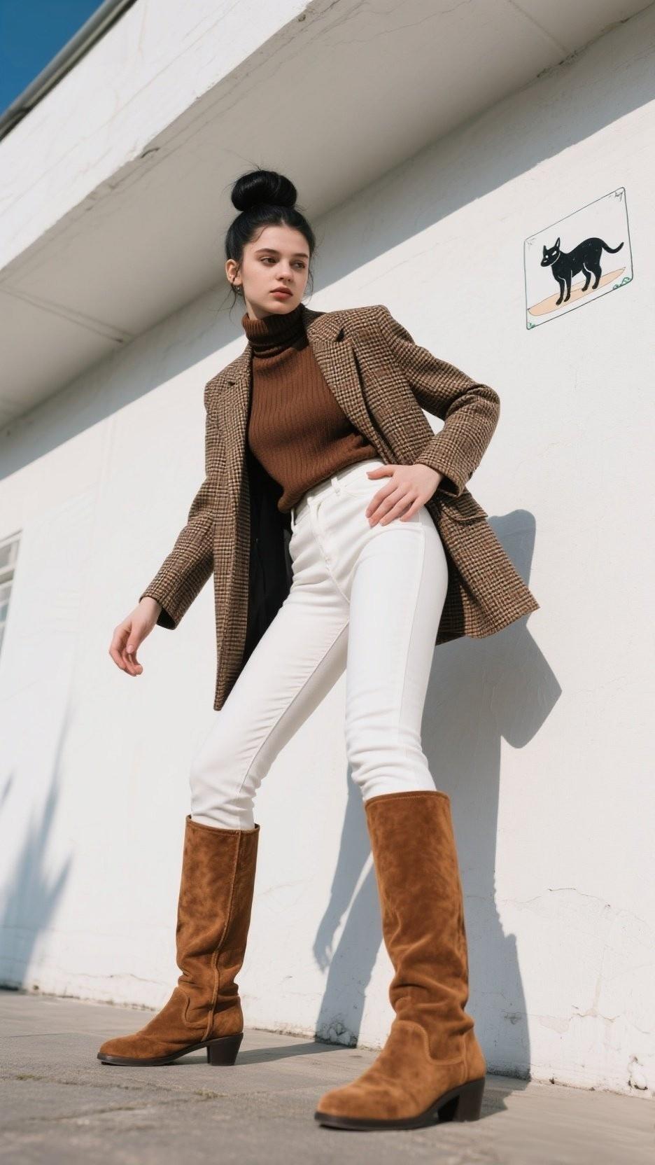 复古风穿搭超有魅力，就说棕色格纹外套配白色牛仔裤和棕色靴子这组合，绝了！
棕色格