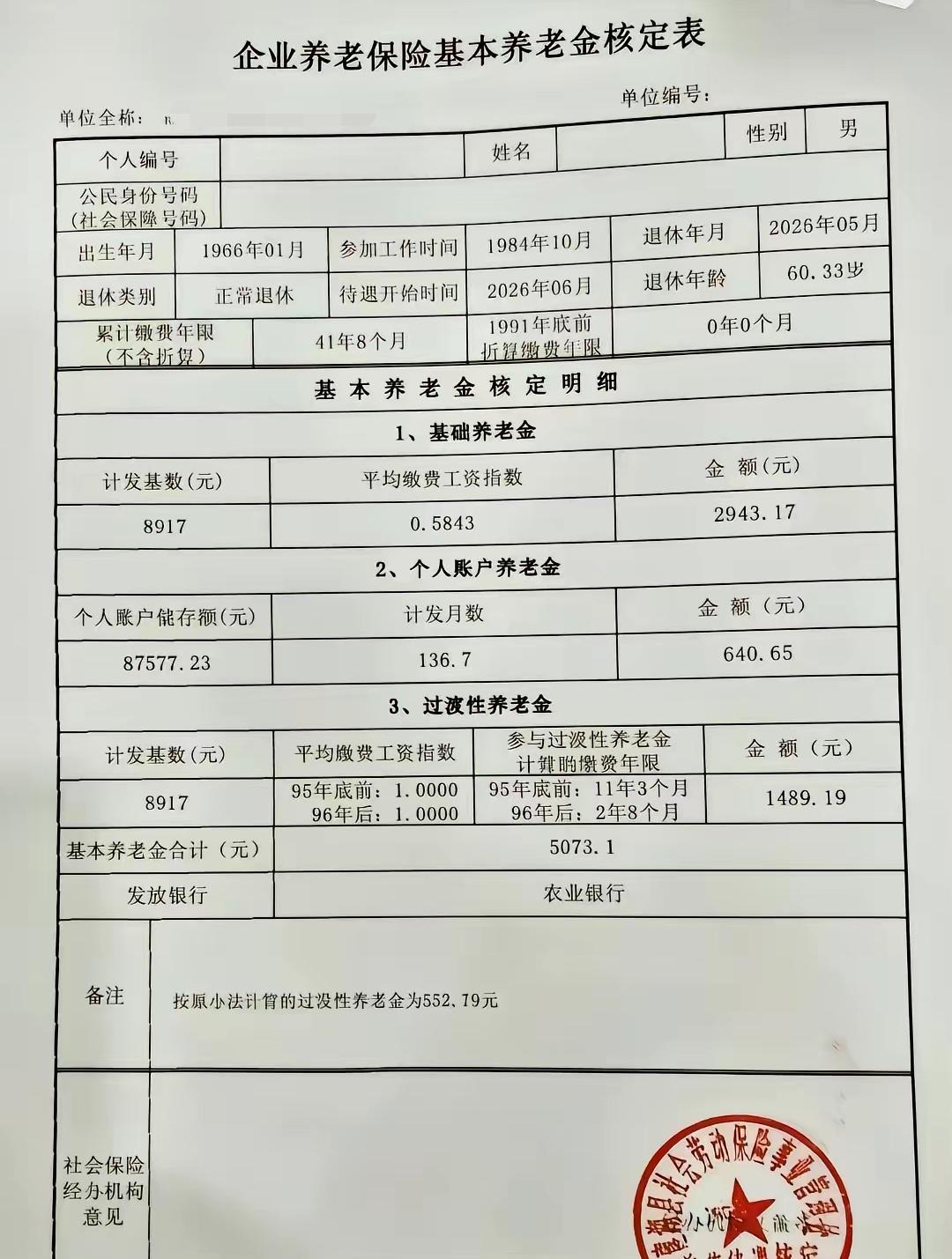 这份江苏的企业养老保险基本养老金核定表够新，2026年5月刚刚退休，下个月就能领