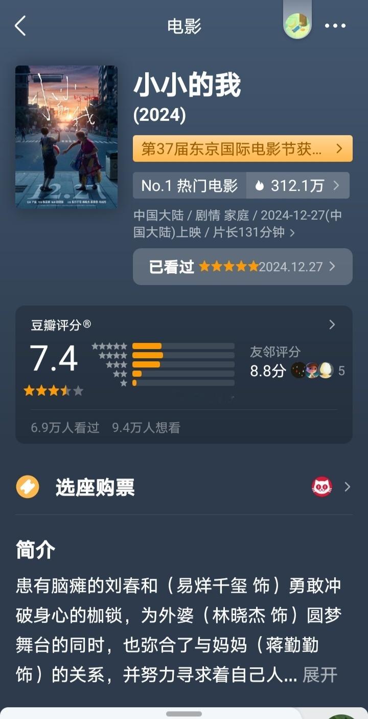 我的那些不混圈一向很有品位很苛刻的友邻，综合起来都给电影《小小的我》打了8.8分
